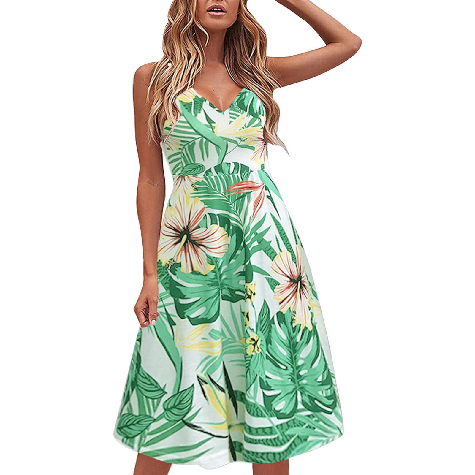 Women's Summer Casual Dress - Slim Fit Leaf Print Ruffle Hem Sling Mini Dress for Beach, Vacation & Outdoor Parties | Flowy & Comfortable