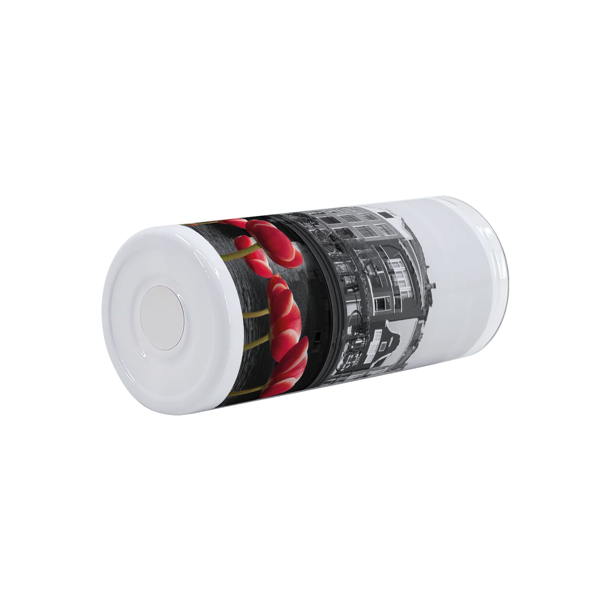 Ambesonne Black and White 12 Oz Skinny Tumbler - Vacuum Insulated Travel Mug with Leakproof Lid, Monochrome Amsterdam Canal Photo with Red Tulips & Houses - Perfect for Coffee, Tea, or Cold Drinks at Work, Travel, Picnics, and Outdoor Adventures