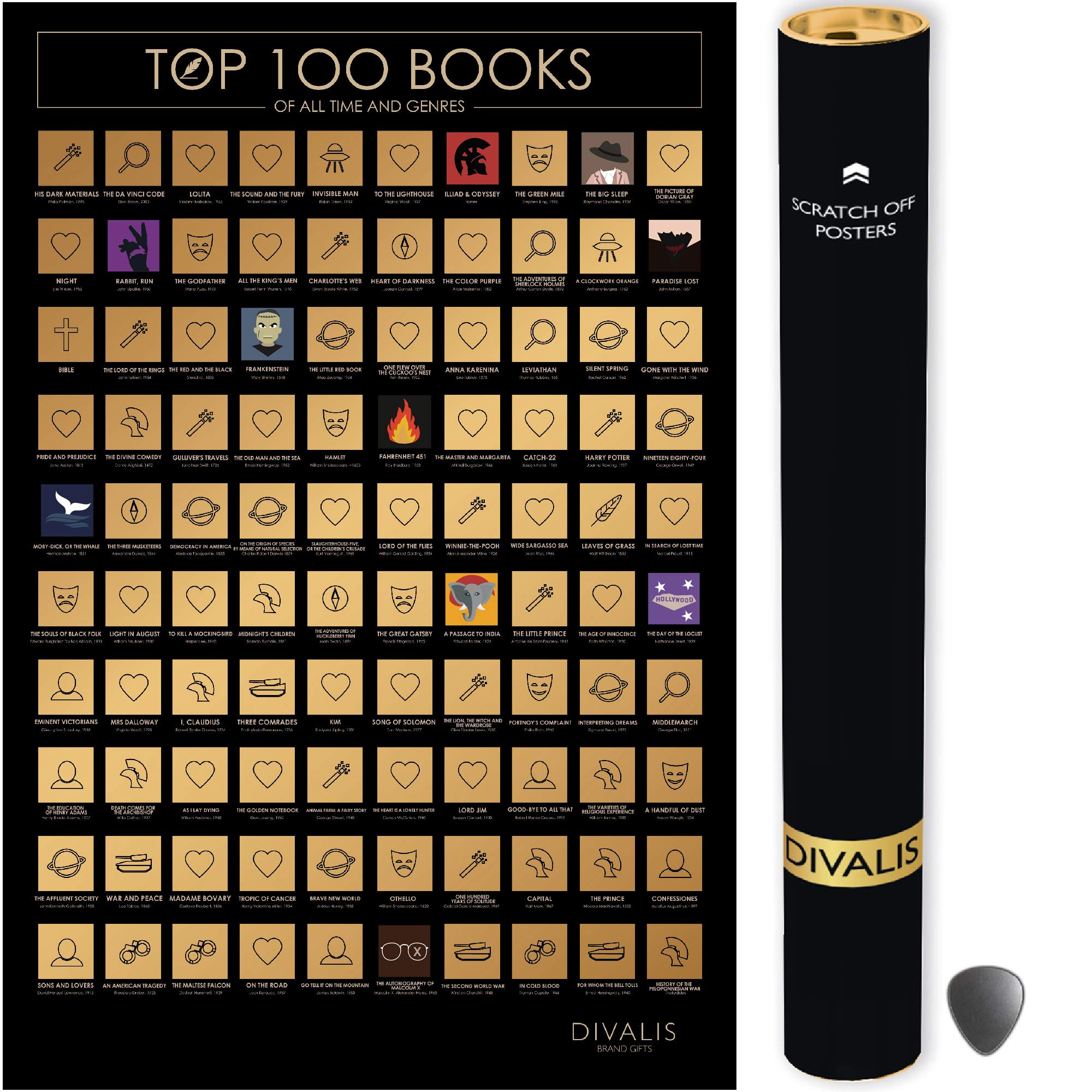 100 Books Scratch Off Poster - 24x16 Reading Bucket List Chart with Scratcher Tool | Must Read Books Checklist for Book Lovers | Perfect Gift for Readers & Book Club Members | Home Office & Library Decor Accessory