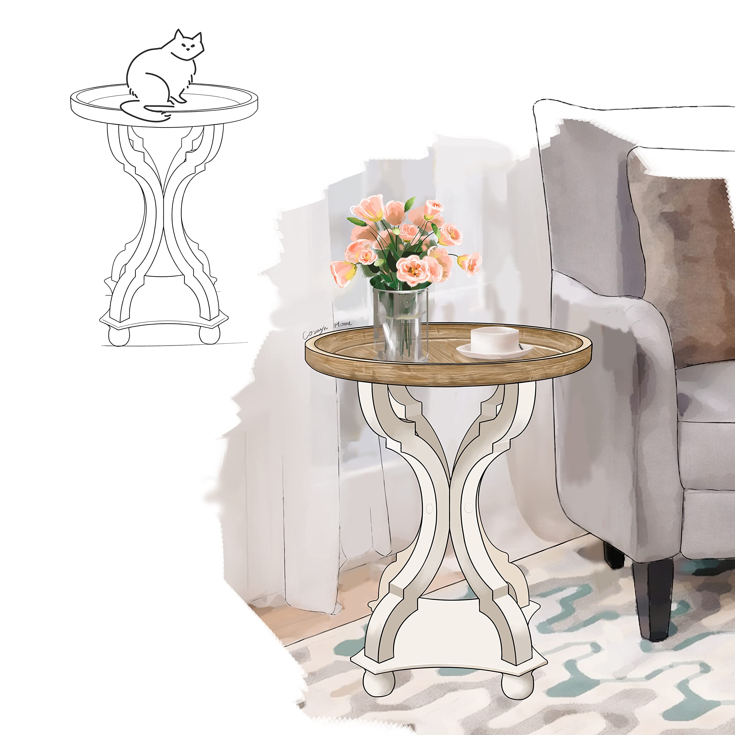 Rustic Farmhouse End Table with Tray Top - Handcrafted Wooden Accent Side Table for Living Room, Bedroom & Dining Room - Modern Nightstand with Concave Legs - Perfect for Coffee, Books & Decor