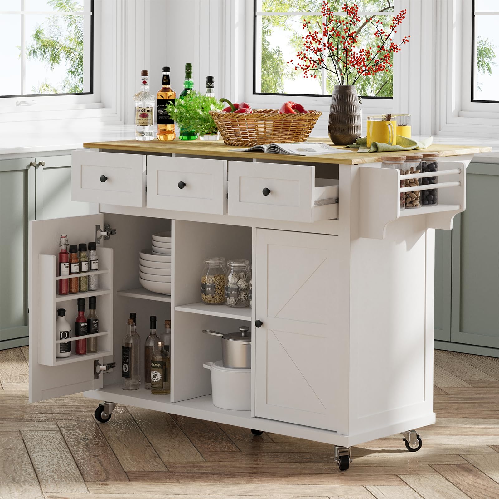 Rolling Kitchen Island Cart with Drop Leaf & Storage - Mobile Kitchen Island on Wheels with Towel Rack & Cabinet - Perfect for Small Kitchens, Apartments & Extra Counter Space