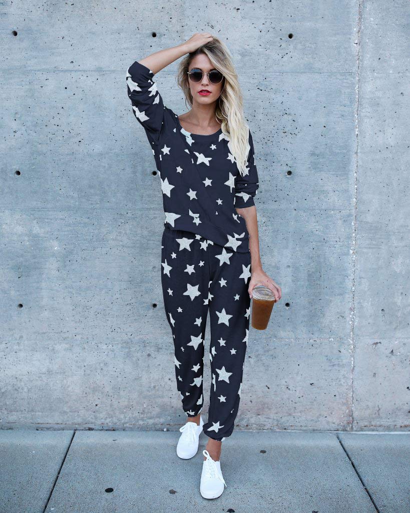 2-Piece Women's Casual Tracksuit Set - Long Sleeve Star Print Sweatshirt & Jogger Pants Outfit | Comfortable Lounge Wear for Home, Gym & Street Fashion
