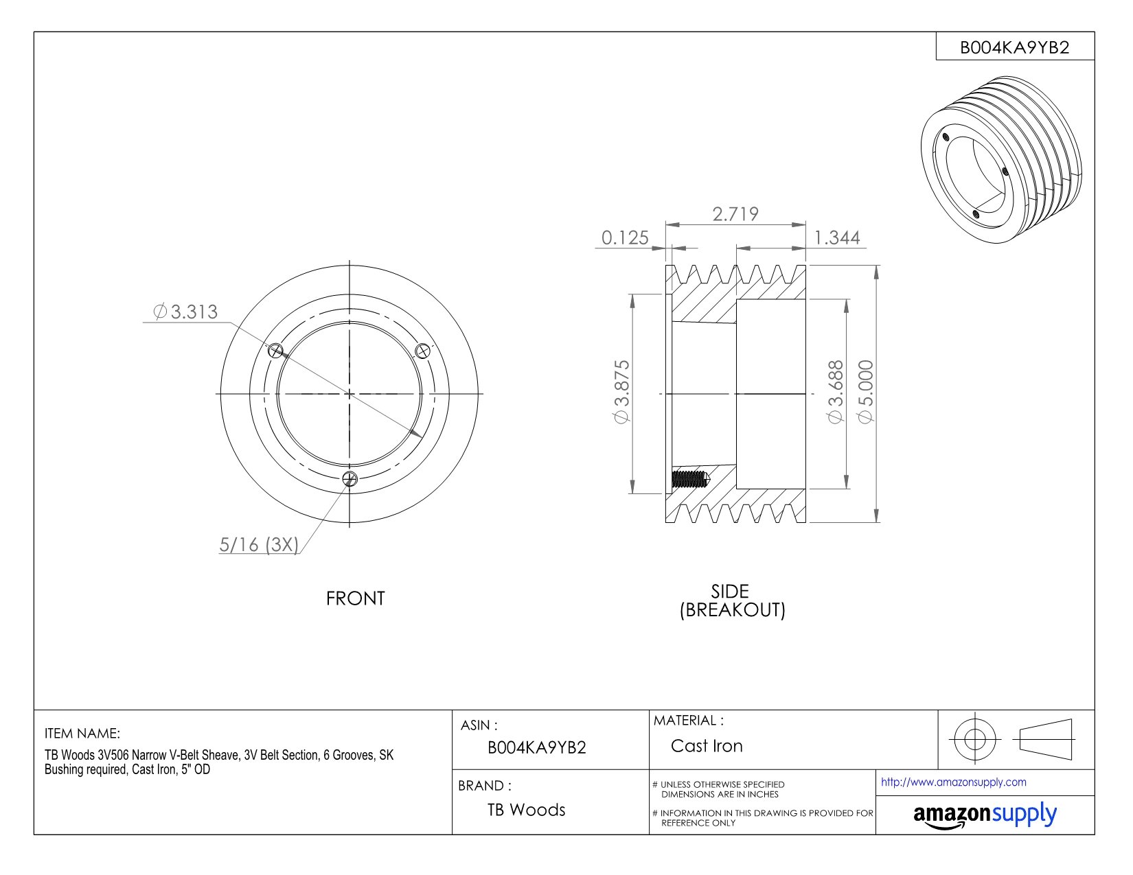 3V536 Narrow V-Belt Sheave - 3V Belt Section, 6 Grooves, Cast Iron Pulley (5.3