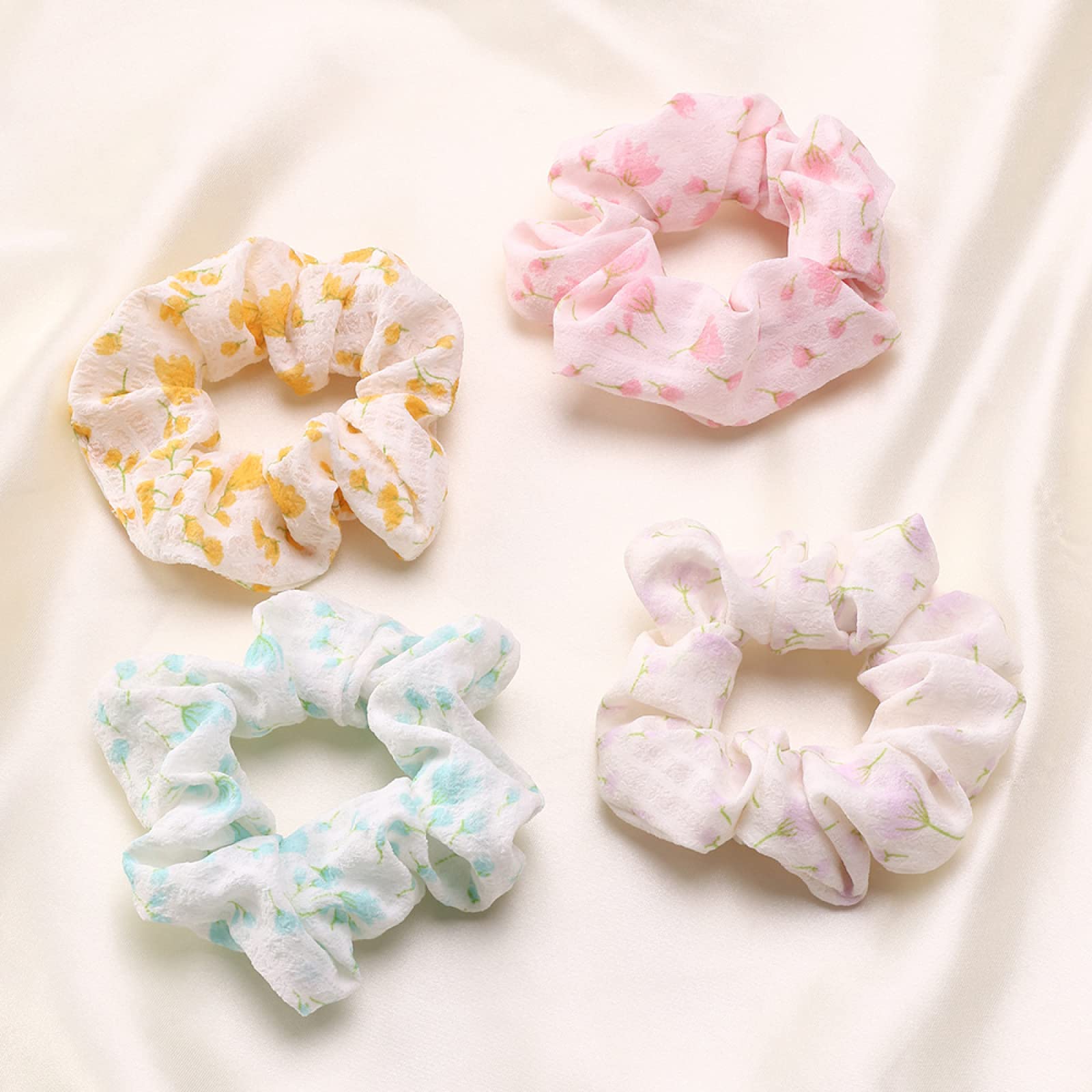 Floral Fabric Hair Ties for Women - 4Pcs Large Ponytail Holders, Soft Hair Rings & Headbands for Girls (Perfect for School, Work, Yoga & Everyday Styling)