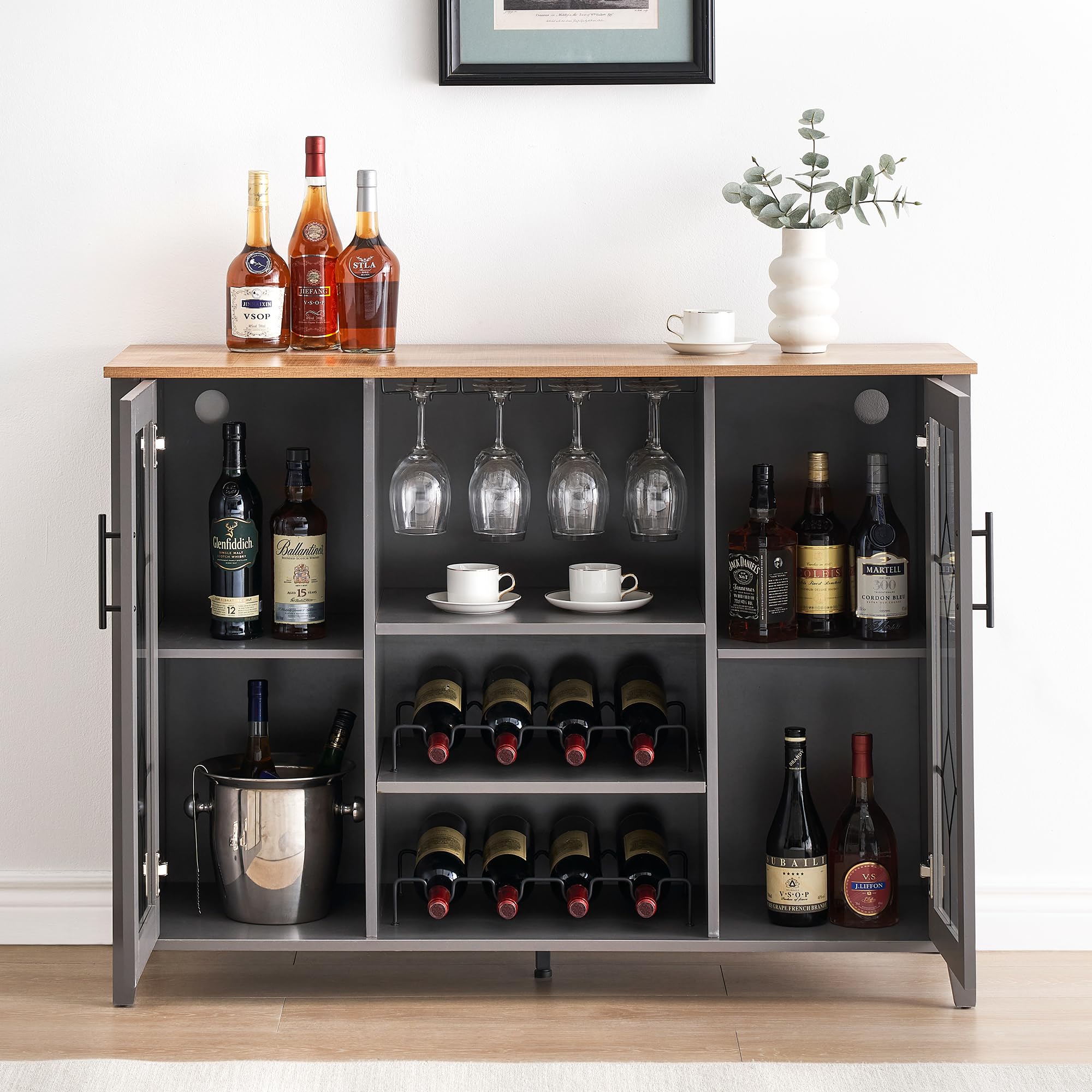 IDEALHOUSE Wine Bar Cabinet with LED Light - Modern Home Coffee Cabinet with Wine & Glass Rack, Kitchen Buffet Sideboard with Storage - Stylish Liquor Cabinet for Bar, Dining Room & Kitchen (Dark Grey) - Perfect for Entertaining, Home Decor & Small Space Storage