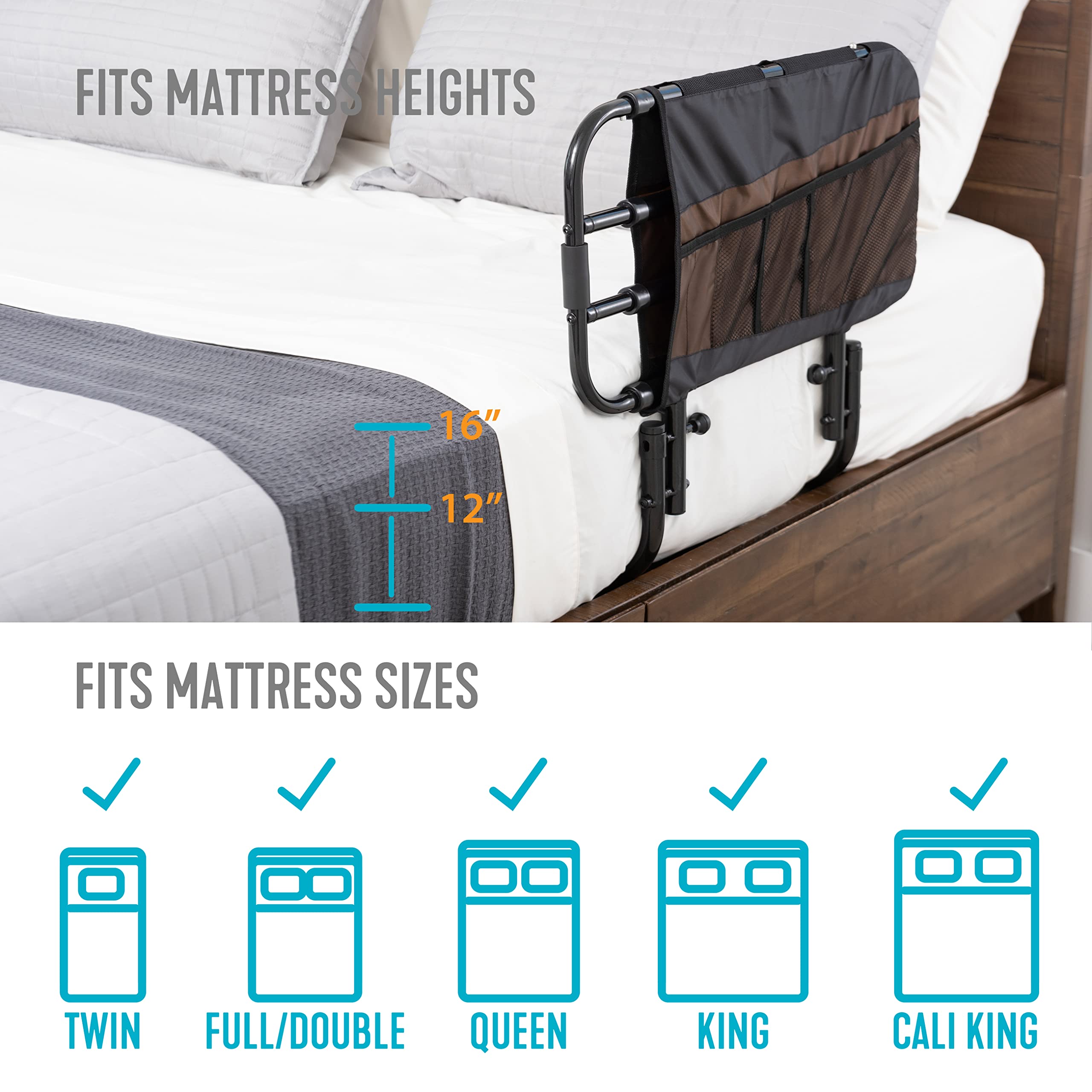 Stander EZ Adjust Bed Rail - Adjustable Safety Bed Rail & Assist Grab Bar for Elderly Adults with Organizer Pouch | Fall Prevention & Mobility Aid for Seniors at Home