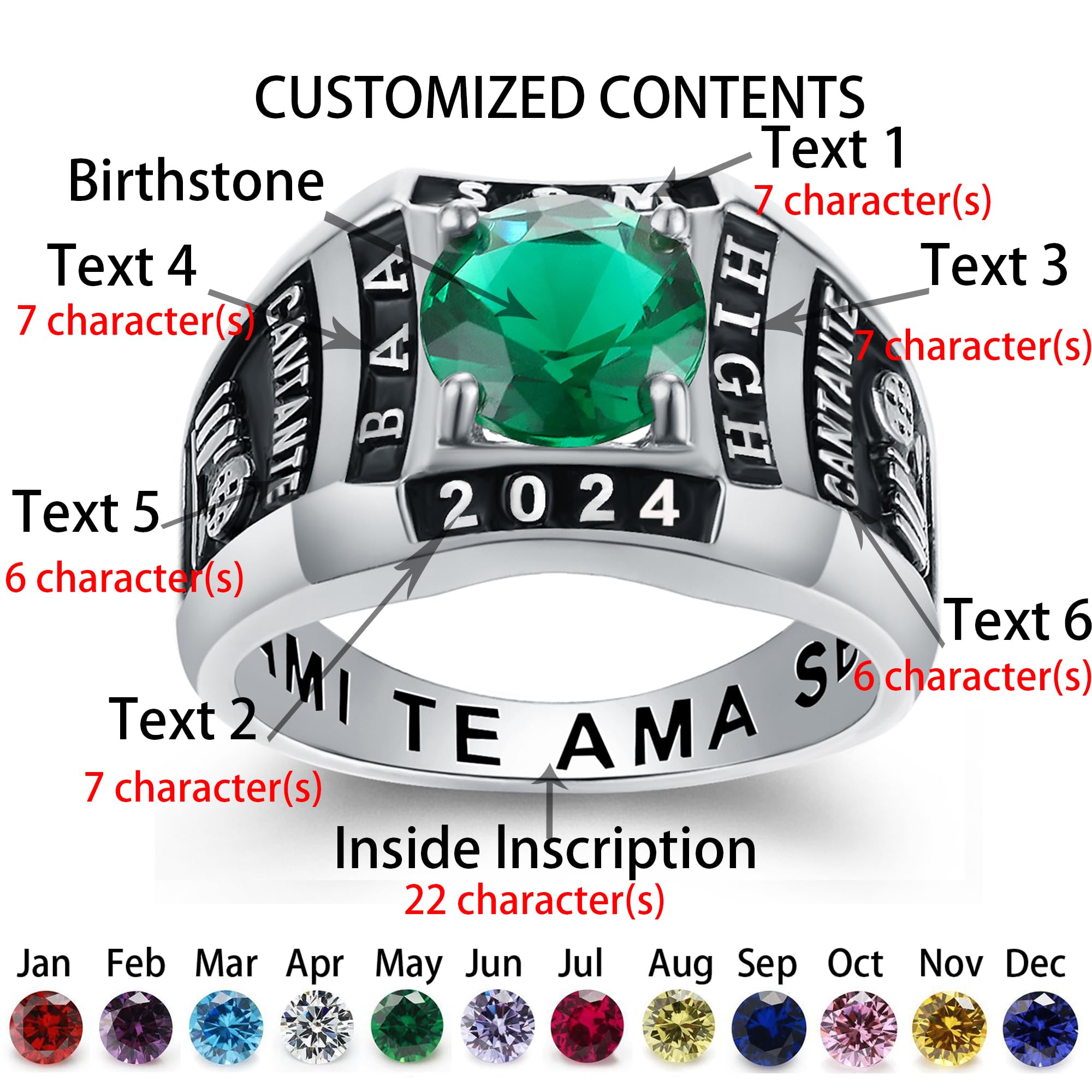 Personalized Women's Class Rings with Birthstone - Sterling Silver Graduation Rings for High School - Size 5-15 - 2024 Collection - Perfect for Graduation Gifts, School Spirit & Memory Keepsakes