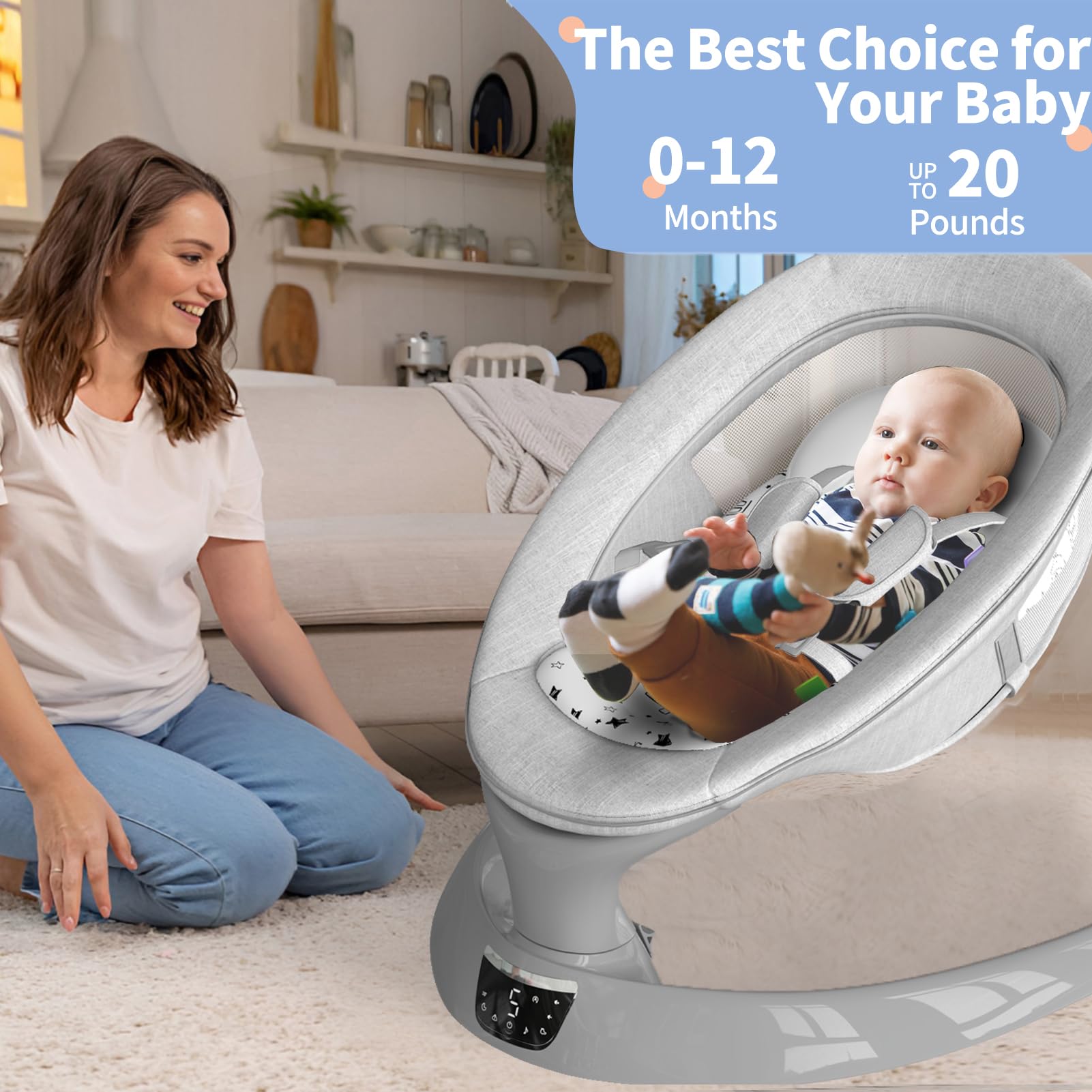 Electric Baby Swing for Infants - Portable Rocker with Bluetooth, 5 Speed Settings, 12 Lullabies & 5 Nature Sounds - Perfect for Newborns & Toddlers (0-12 Months) - Ideal for Nursery, Living Room & Travel Use