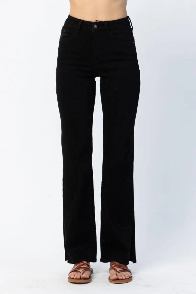Judy Blue High Waist 90s Black Slit Hem Straight Leg Jeans for Women | Vintage Denim Pants | Casual & Streetwear Outfits | Perfect for Everyday Wear and Night Out