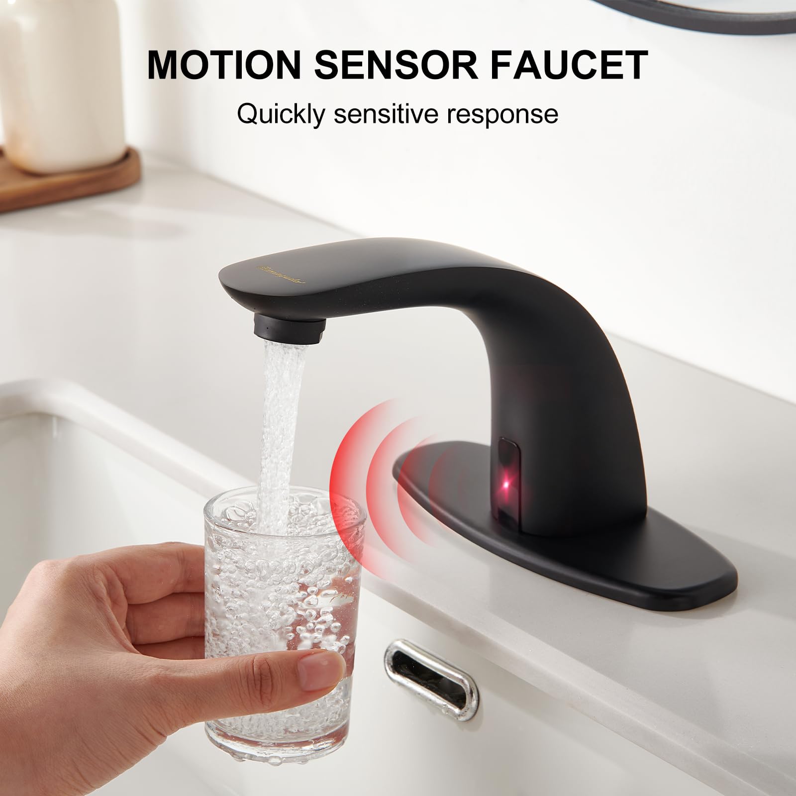 Touchless Bathroom Sink Faucet with Hole Cover Plate - Matte Black Finish, Water-Saving Sensor Faucet for Modern Home & Commercial Bathrooms