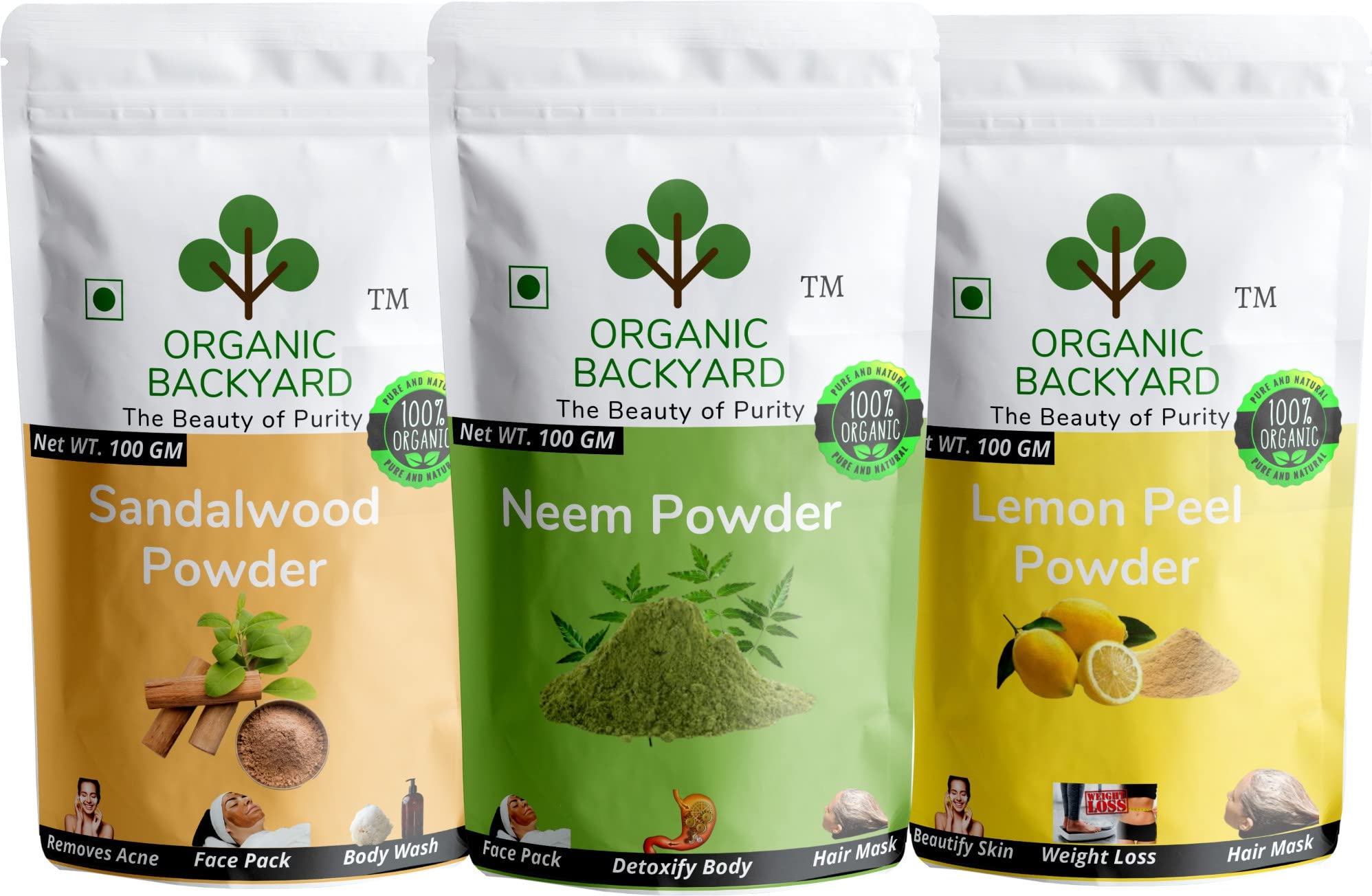 Organic Backyard 100% Natural Lemon Peel, Sandalwood & Neem Powder Combo - 100g Each for Glowing Skin & Face Care | Exfoliating, Brightening & Acne Treatment | DIY Face Masks & Ayurvedic Beauty Routine