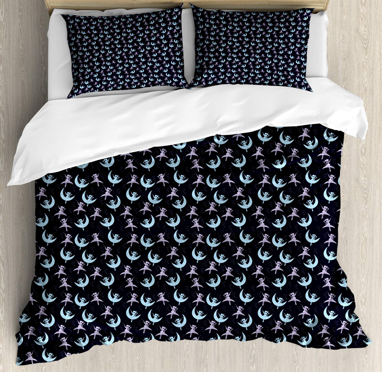 Ambesonne Magic Moon Duvet Cover Set | Flying Over Crescent Moon Print | 3-Piece Queen Size Bedding Set with 2 Pillow Shams | Quartz Multicolor | Perfect for Boho & Celestial Themed Bedrooms