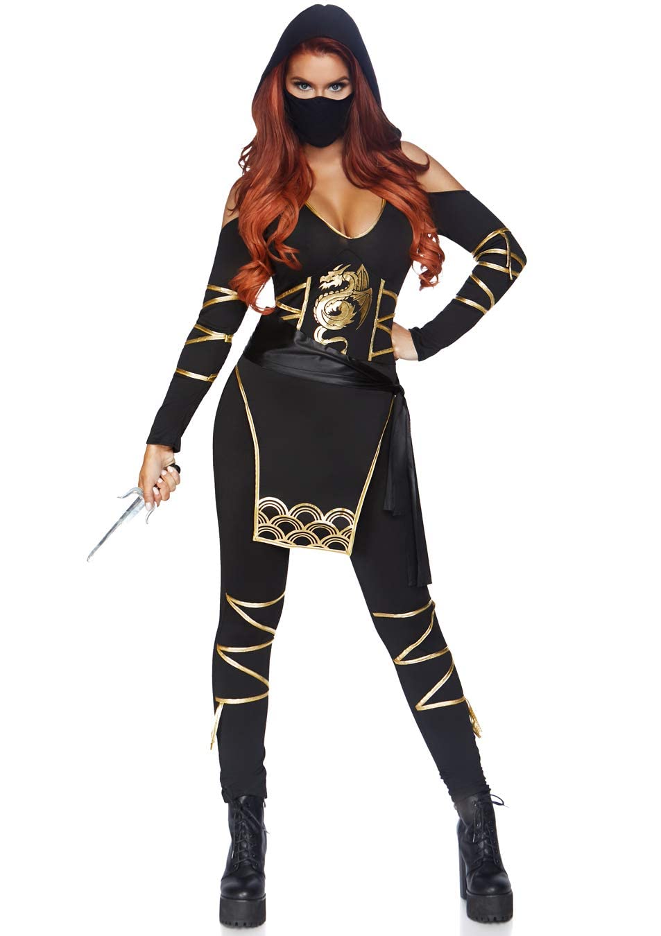 Leg Avenue Women's 3 Piece Stealth Ninja Costume Set - Sexy Hooded Cold Shoulder Catsuit for Cosplay, Halloween & Role Play | Perfect for Costume Parties, Comic Con & Themed Events