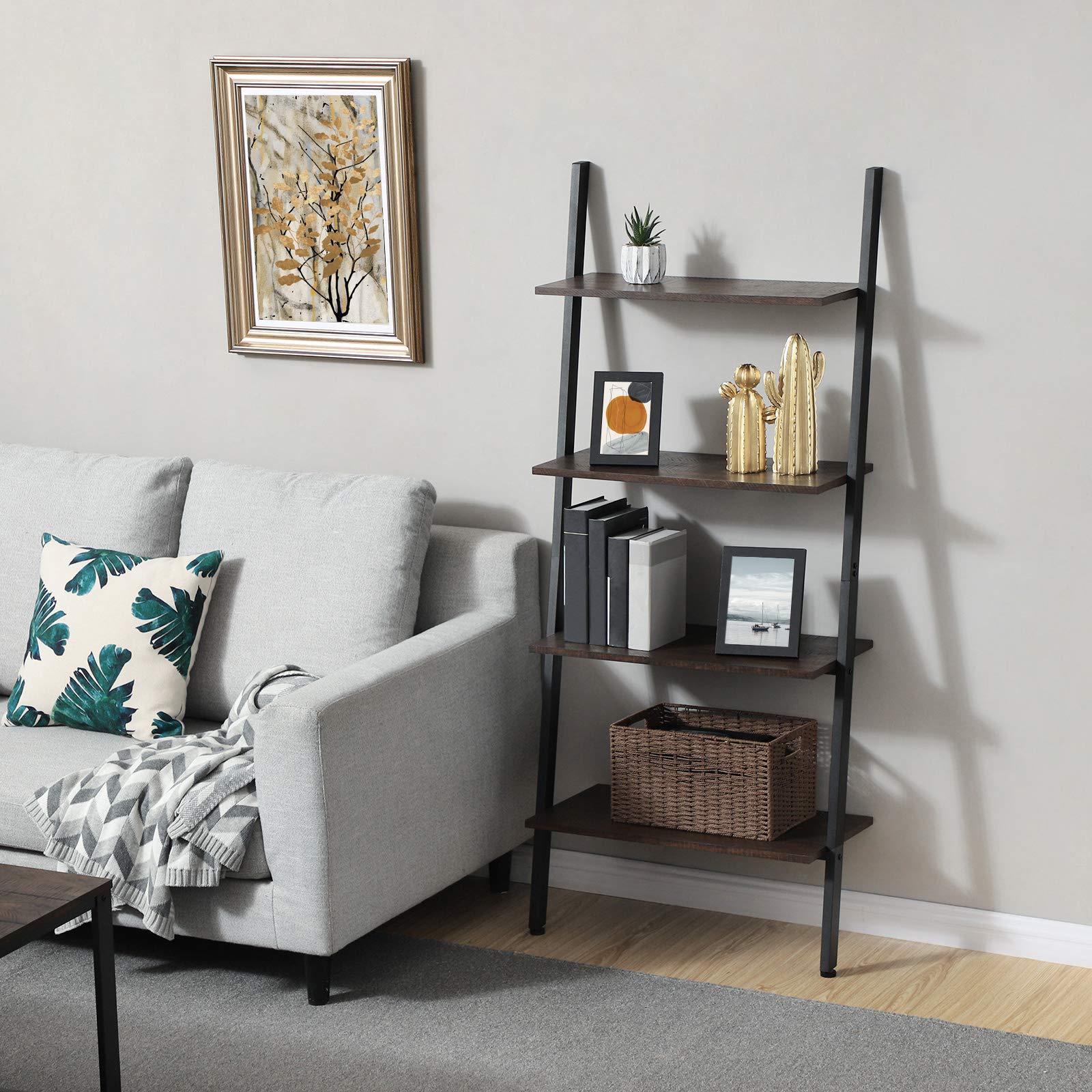 VASAGLE 4-Tier Leaning Ladder Shelf - Industrial Rustic Dark Brown & Black Bookshelf Storage Rack - Sturdy Steel Wall Shelf for Living Room, Kitchen, Office - Perfect for Small Space Organization & Home Decor