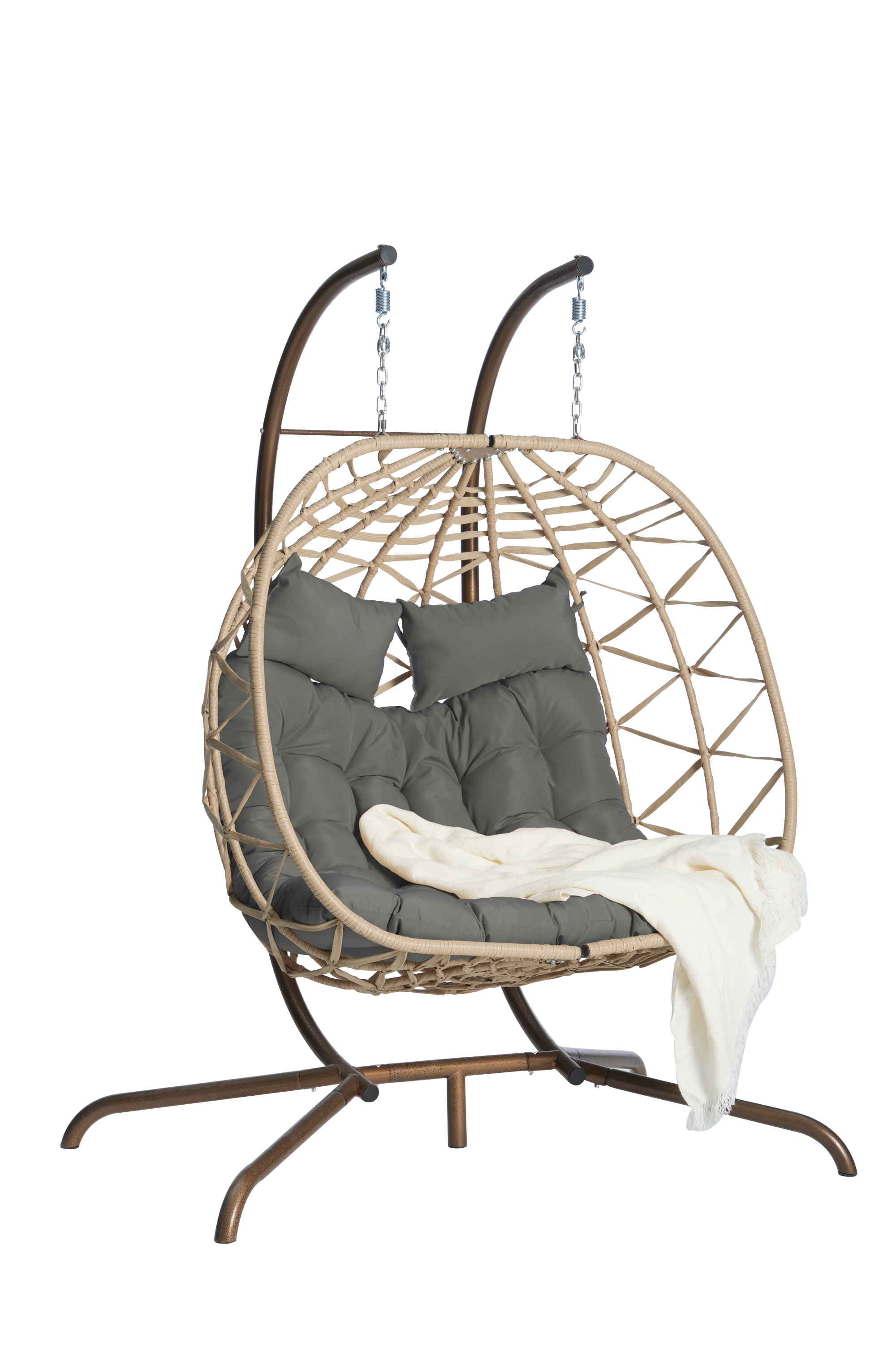 Double Egg Chair with Stand - Indoor/Outdoor Hanging Wicker Rattan Swing Chair with UV-Resistant Cushions (600 lbs Capacity) - Perfect for Bedroom, Balcony, Patio & Garden Relaxation