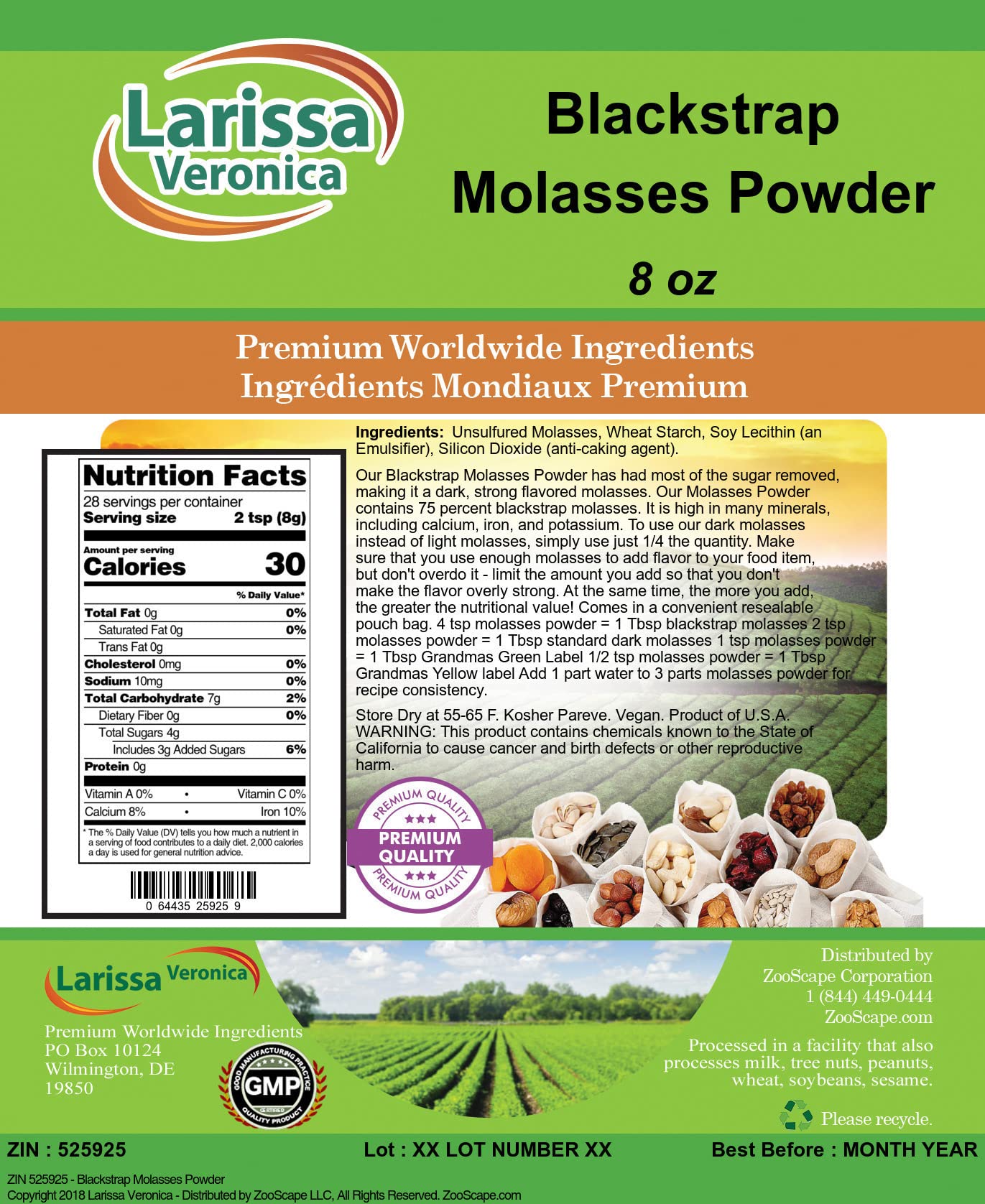 Organic Blackstrap Molasses Powder - 8 oz | Unsulfured, Rich in Iron & Calcium | Perfect for Baking, Smoothies & Natural Remedies (ZIN: 525925)