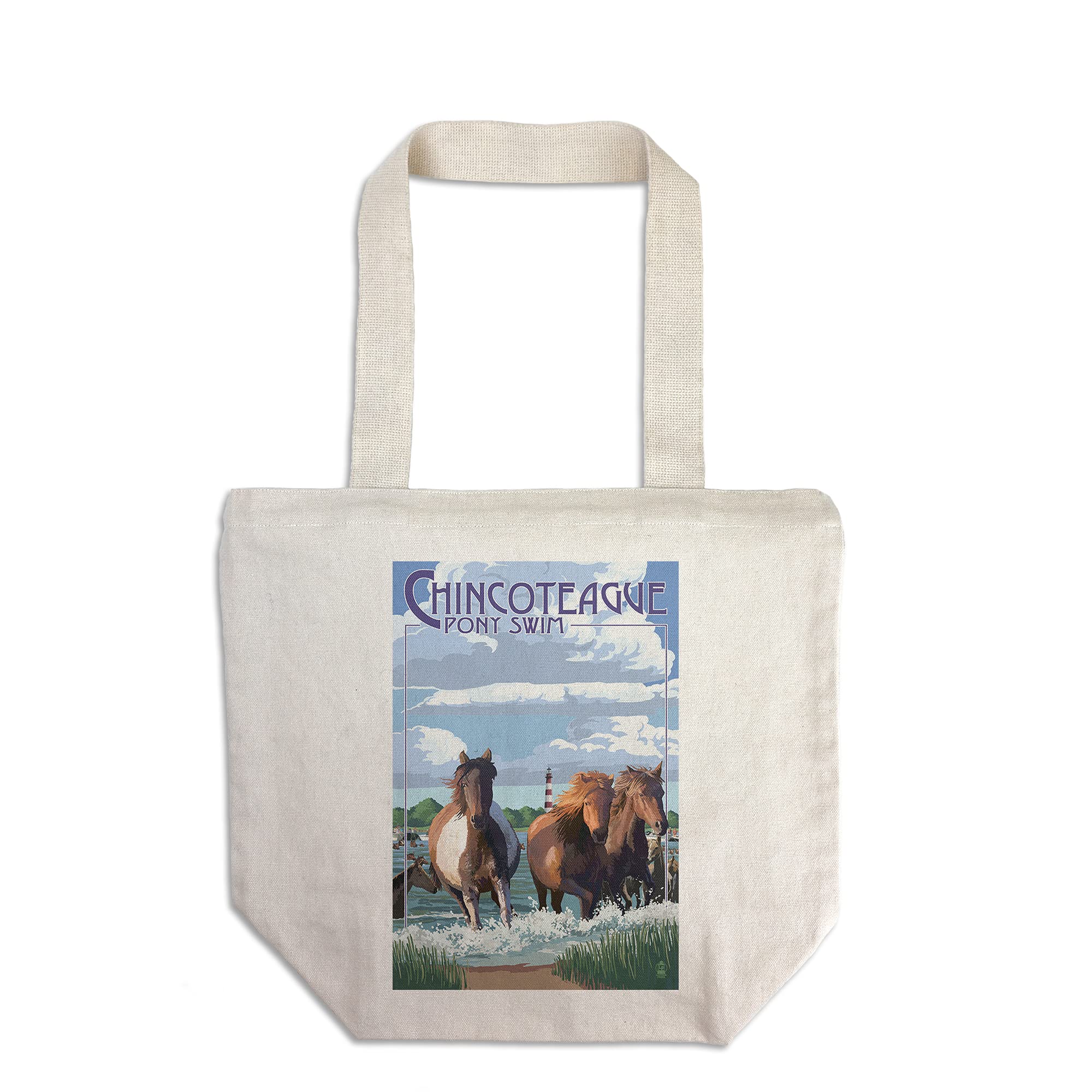 Lantern Press Chincoteague Virginia Pony Swim Tote Bag - 100% Cotton Canvas Reusable Shopping Bag for Beach, Groceries & Farmers Market