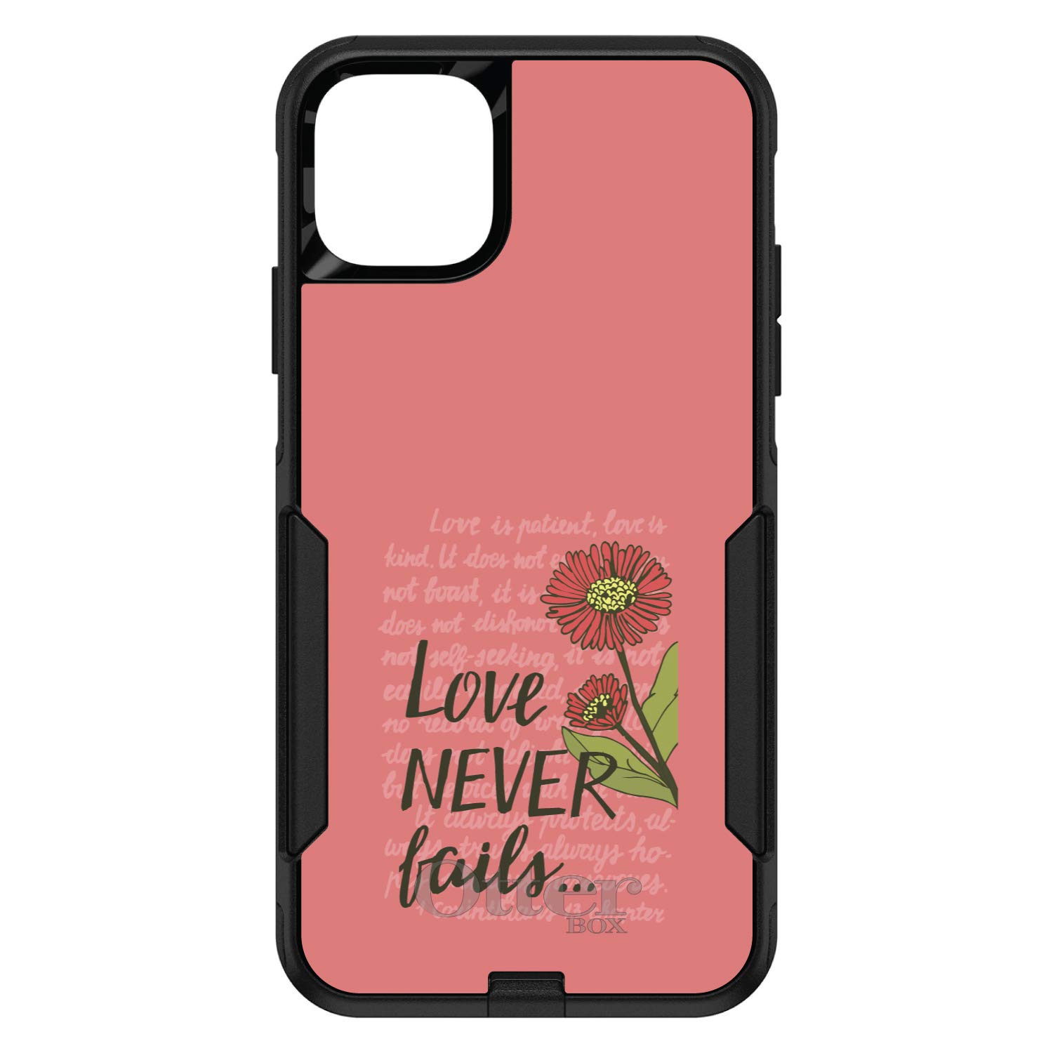 DistinctInk iPhone 12/12 Pro Case (6.1 Inch) - Durable Black Phone Cover with Floral Design & 1 Corinthians 13 Bible Verse - Slim Protective Replacement for OtterBox Commuter - Perfect for Everyday Use, Work & Travel