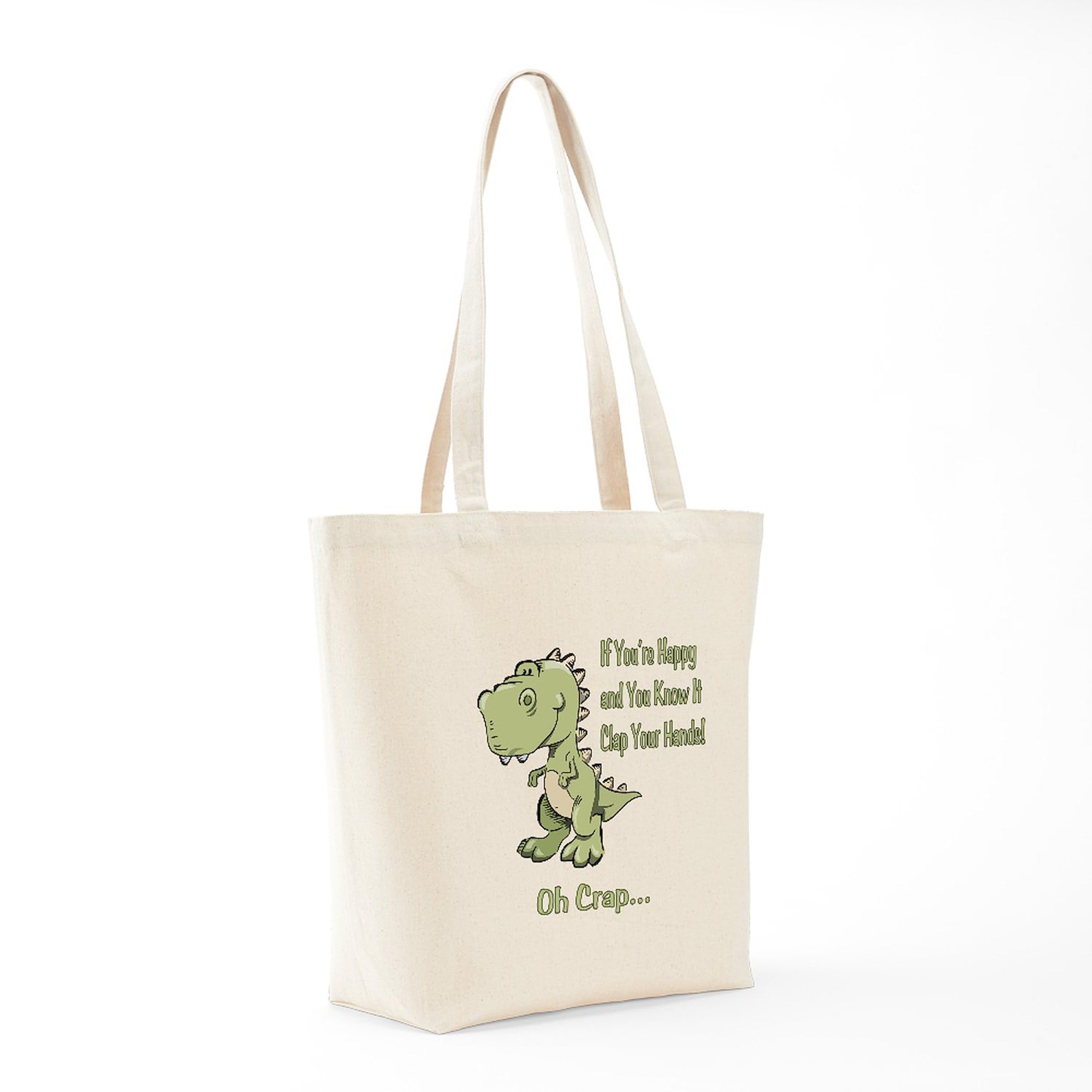 Happy Trex Tote Bag - Natural Canvas Reusable Shopping Bag for Groceries, Beach & Everyday Use | Eco-Friendly Cotton Tote with Dinosaur Design