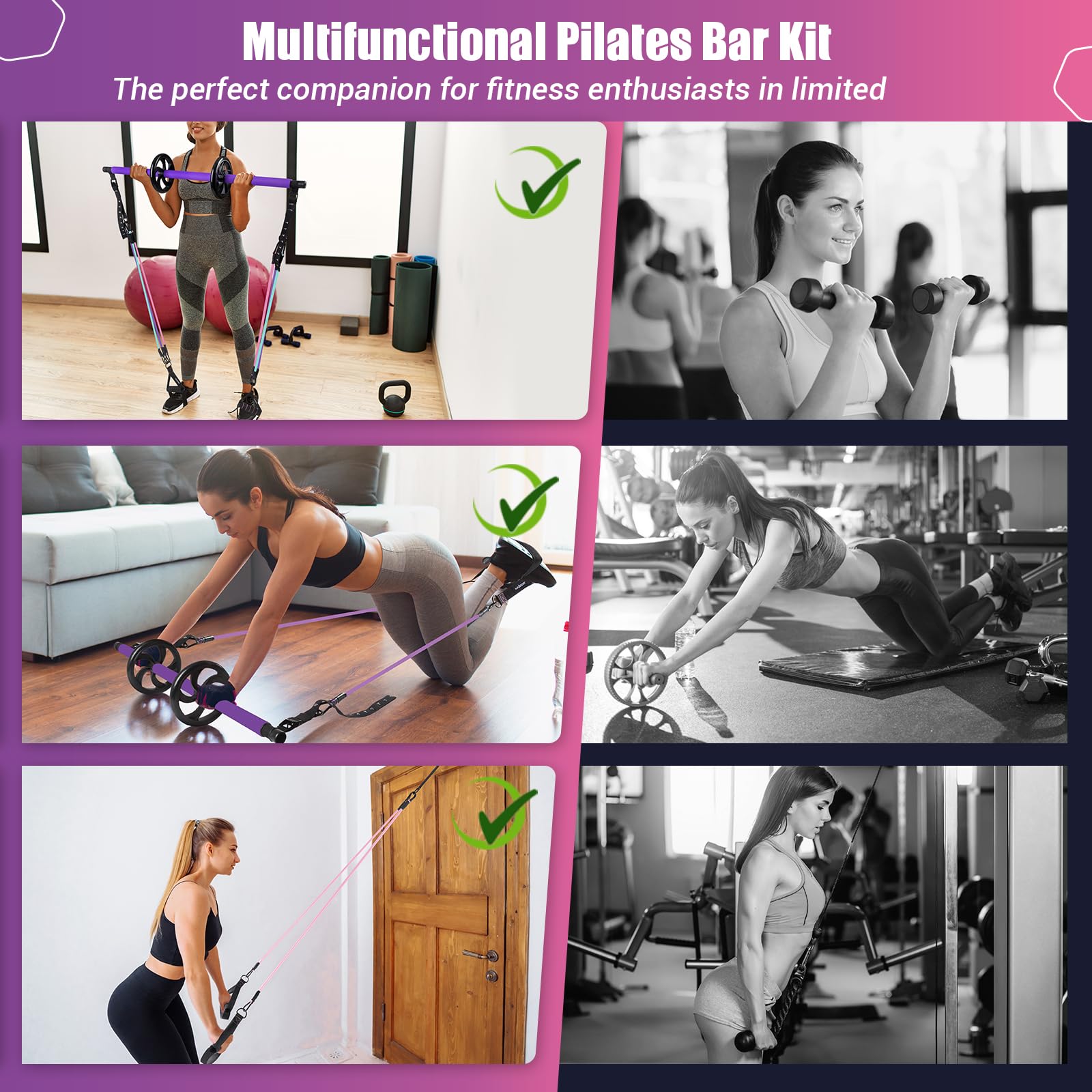**Pilates Bar Kit with Resistance Bands - Multifunctional Exercise Bar & Ab Roller for Pilates, Abs, Weight Loss - Portable Home Gym Equipment for Full Body Workout - Ideal for Women's Fitness & Home Training**