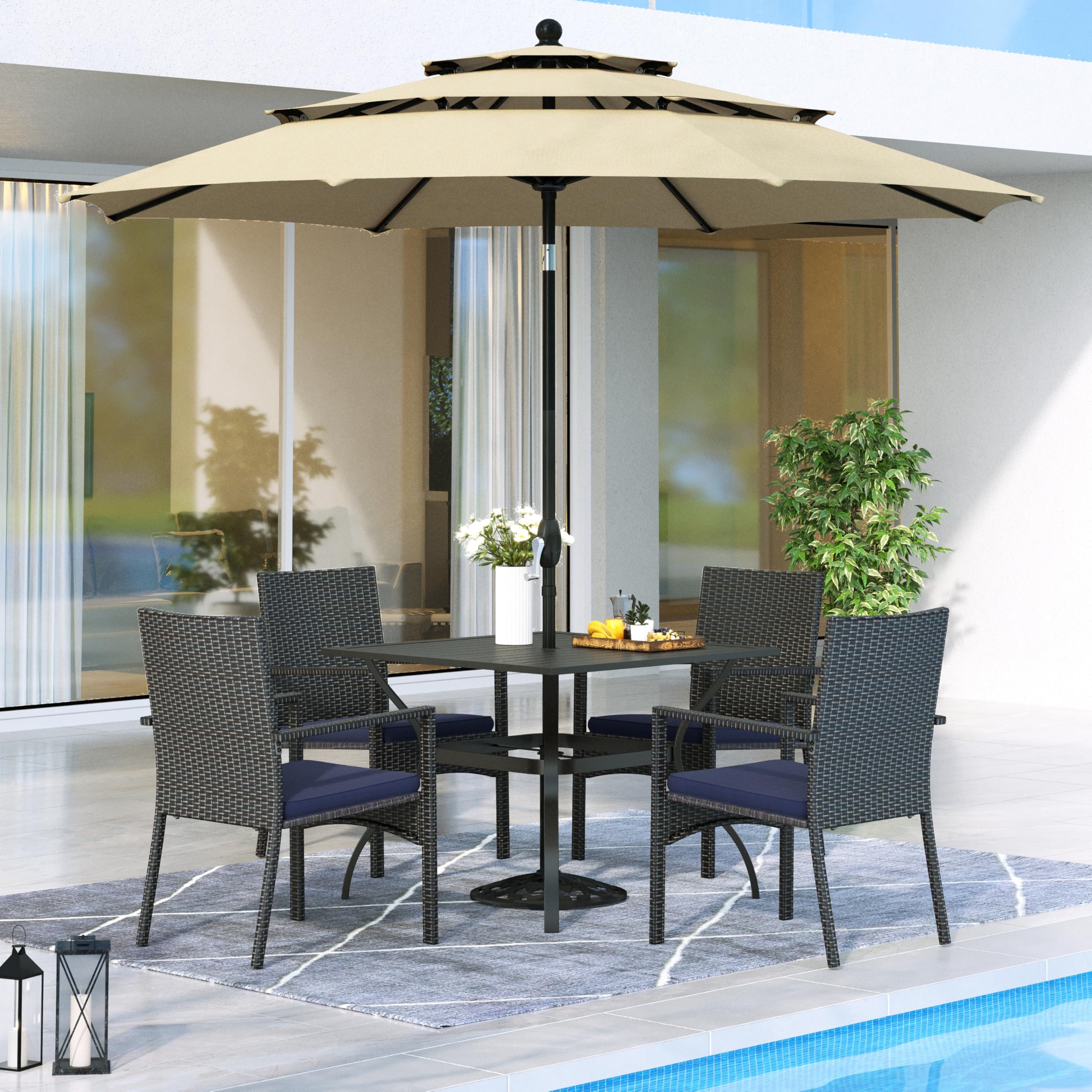 MFSTUDIO 6-Piece Outdoor Rattan Patio Dining Set with Umbrella - Wicker Square Table & 4 Beige Chairs - Perfect for Backyard, Garden, Poolside & Outdoor Entertaining