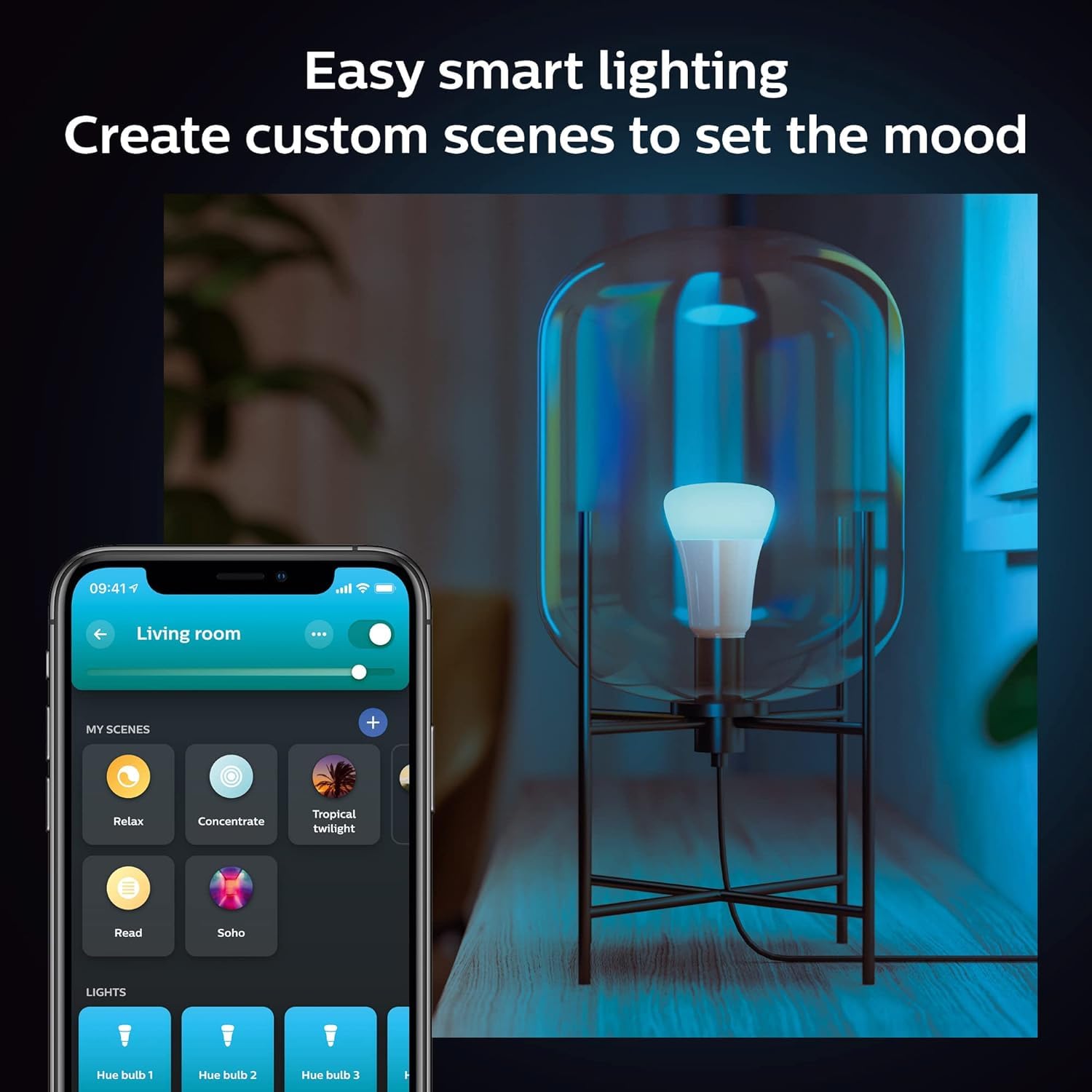 Philips Hue Smart Light Starter Kit with Bridge, Dimmer Switch & 2 A19 LED Bulbs - 16 Million Colors, 800LM E26 Base - Works with Alexa, Google Assistant & Apple HomeKit - Perfect for Bedroom, Living Room & Smart Home Automation