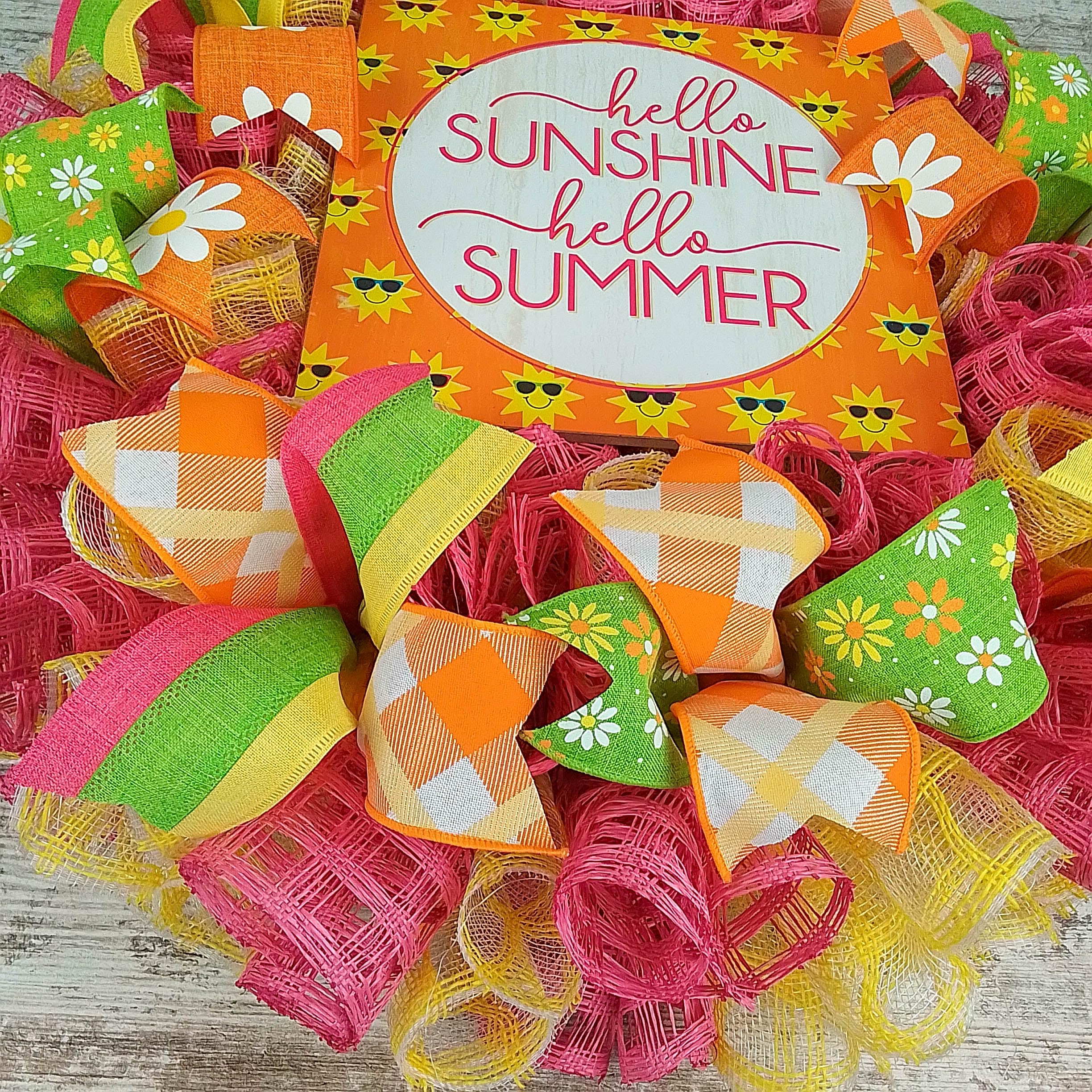 Hello Sunshine Summer Wreath - Vibrant Yellow Pink Green Orange Beach Mesh Door Decoration for Front Porch, Patio & Summer Home Decor