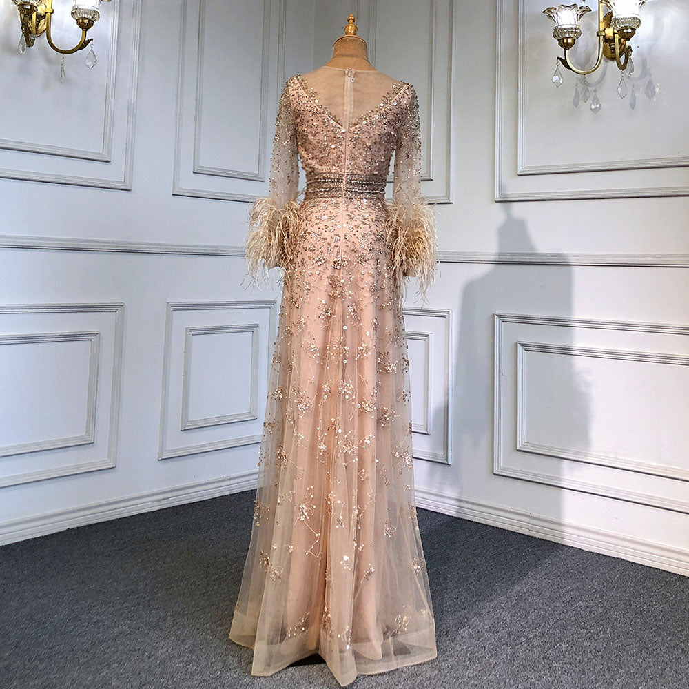 Serene Hill Gold A-Line Long Sleeve Feather Evening Dress for Women - Luxury O-Neck Crystal Sequins Handmade Gown (LA71654) | Perfect for Formal Events, Weddings, and Evening Parties