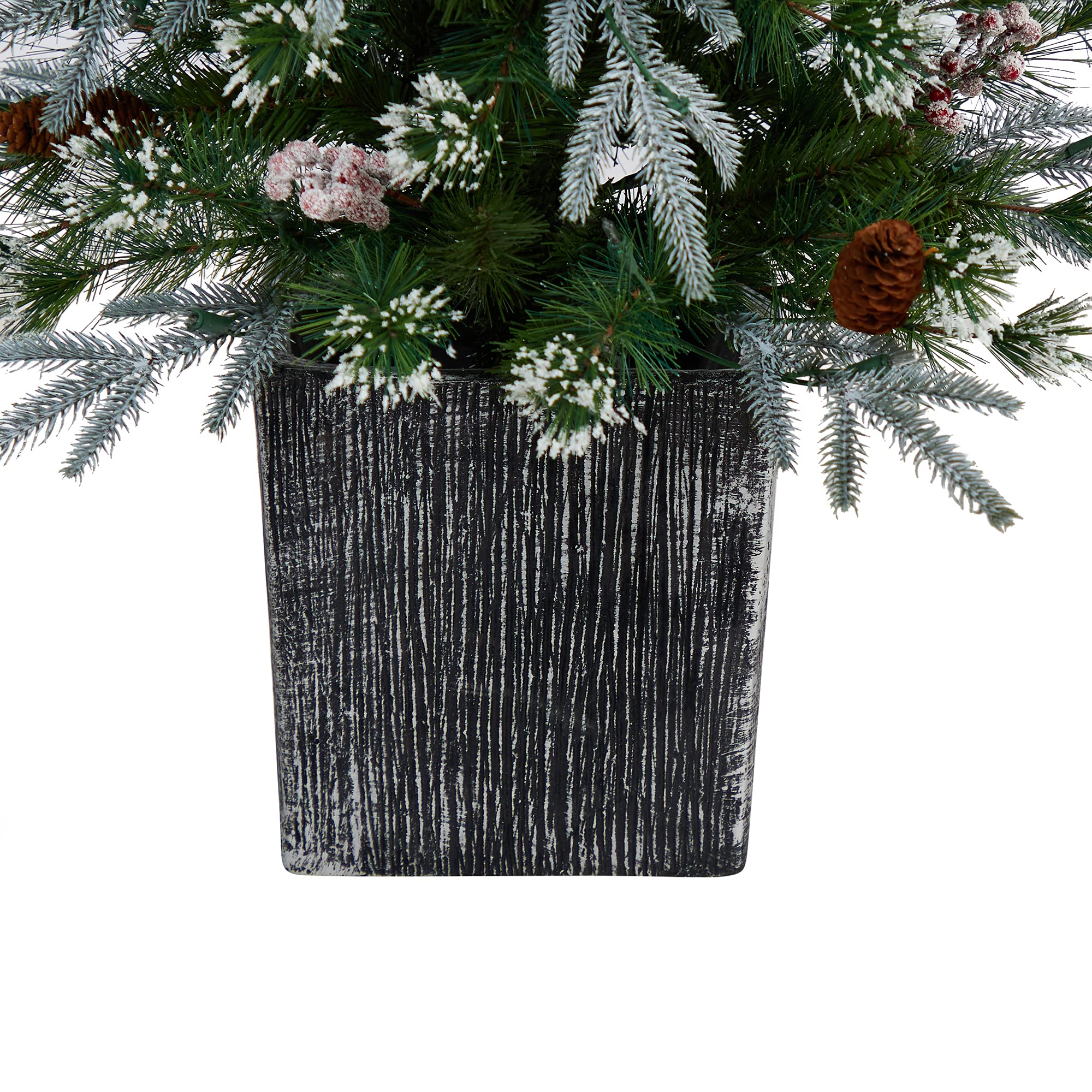 Nearly Natural 4ft Pre-Lit Frosted Artificial Christmas Tree with 105 Warm White LED Lights & Berries in Decorative Planter - Perfect for Home, Office, and Holiday Decorations