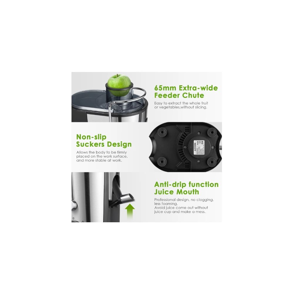 AICOOK 336 Dual Speed Stainless Steel Juicer for Fruits & Vegetables - Non-Drip Function & Centrifugal Extraction - Perfect for Healthy Smoothies, Fresh Juice & Detox Drinks at Home