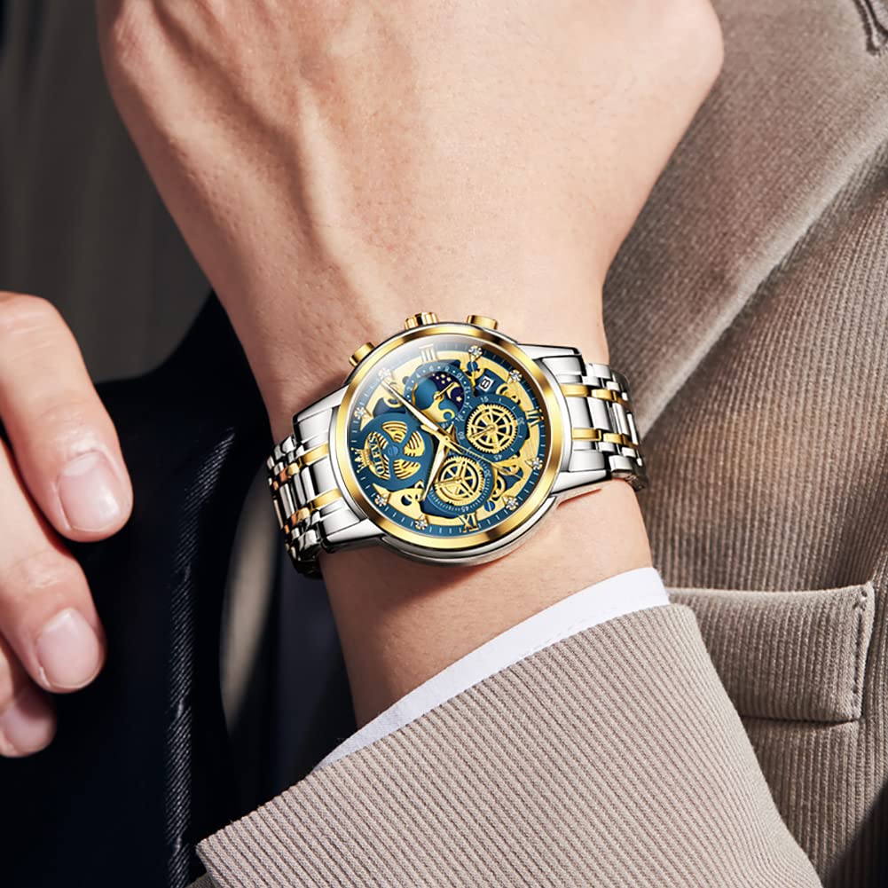 OLEVS Men's Skeleton Stainless Steel Chronograph Watch - Waterproof Analog Wristwatch with Date Display | Luxury Business Dress Watch for Men (Blue/Black/Gold/White) | Perfect for Office, Formal Events & Everyday Wear