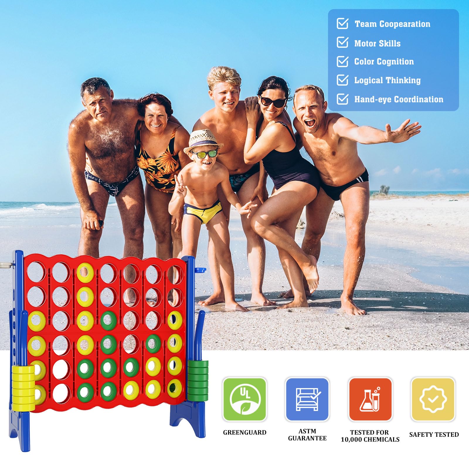 Giant 4 in a Row Connect Game Set - 4ft x 3.5ft Oversized Board with 44 Rings & Cup Holder - Includes Carry Bag for Easy Transport - Indoor & Outdoor Yard Games for Kids, Adults, Family - Perfect for Backyard Parties, BBQs, Picnics, and Beach Fun (Red & Blue)
