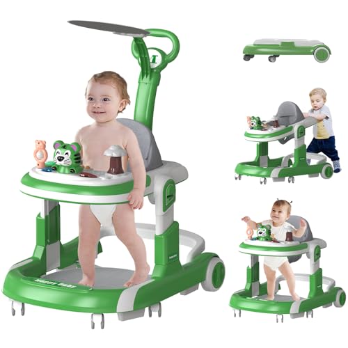 5-in-1 Adjustable Height Baby Walker with Wheels & Activity Center - Safe Learning Walker for Babies 7-18 Months (Green) | Perfect for Indoor Playtime & Early Walking Development