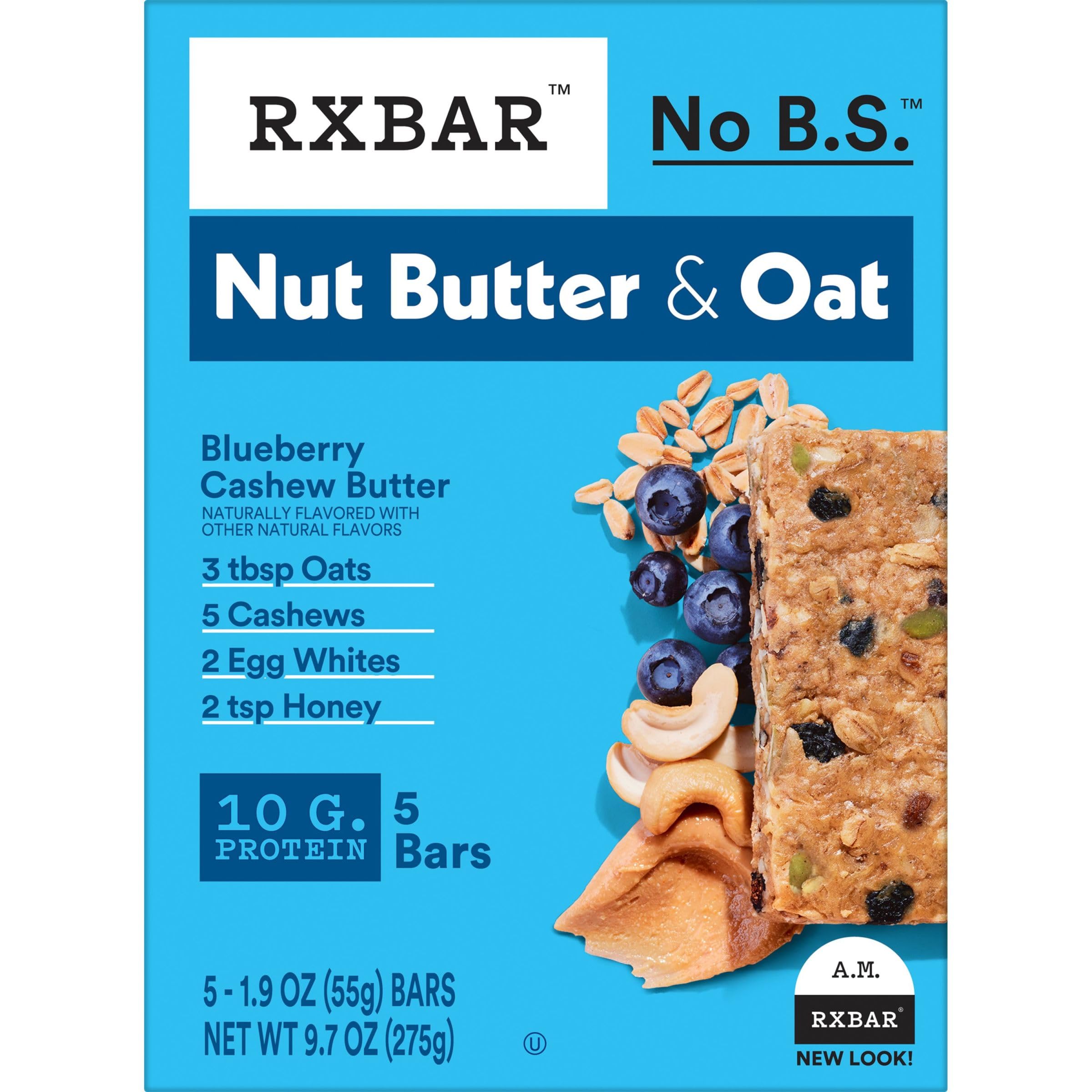 RXBAR Nut Butter and Oat Protein Bars - Blueberry Cashew Butter Flavor, 9.7oz Box (5 Bars) | High Protein Snacks for Workout Recovery, Healthy On-the-Go Breakfast & Office Snacks