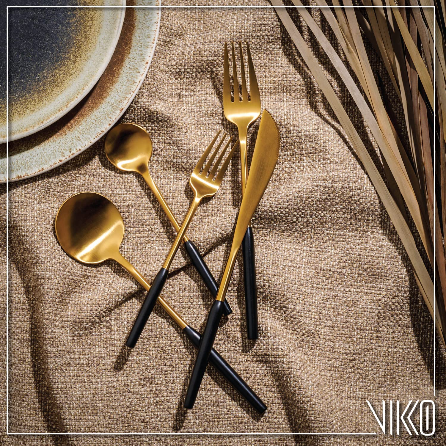Vikko Dine Modern Silverware Set - 20-Piece Brushed Black & Gold Flatware Set - 18/10 Stainless Steel Cutlery for 4 People - Elegant Dinnerware for Upscale Dining, Wedding Gifts & Home Entertaining - Matte Finish Durable Utensils for Restaurants & Special Occasions