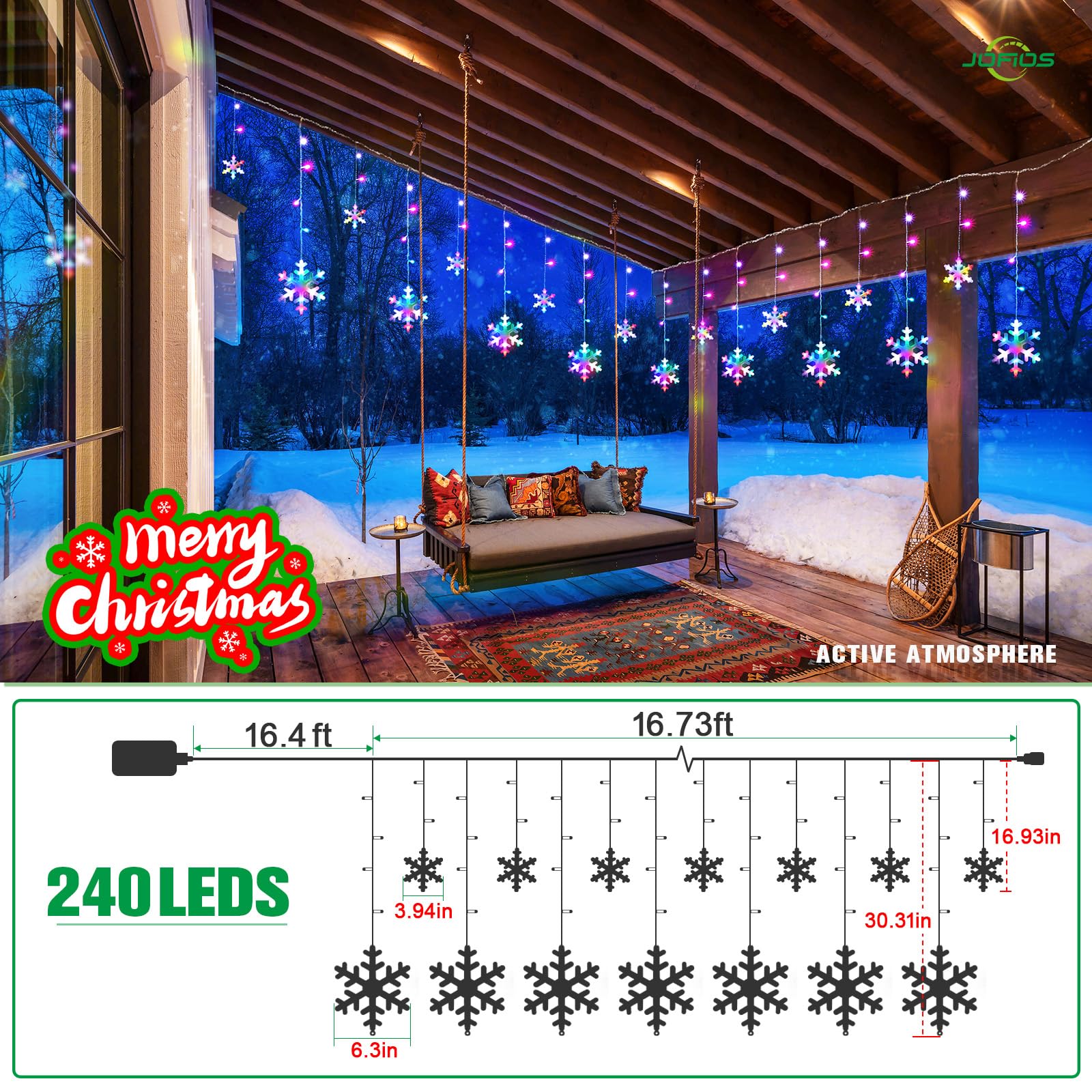 Waterproof Outdoor LED Snowflake Icicle Christmas Lights - 11.48ft String with 14 Drops for Eaves, Windows & Curtain Decorations | Perfect for Holiday Home, Garden, and Christmas Tree Decorating