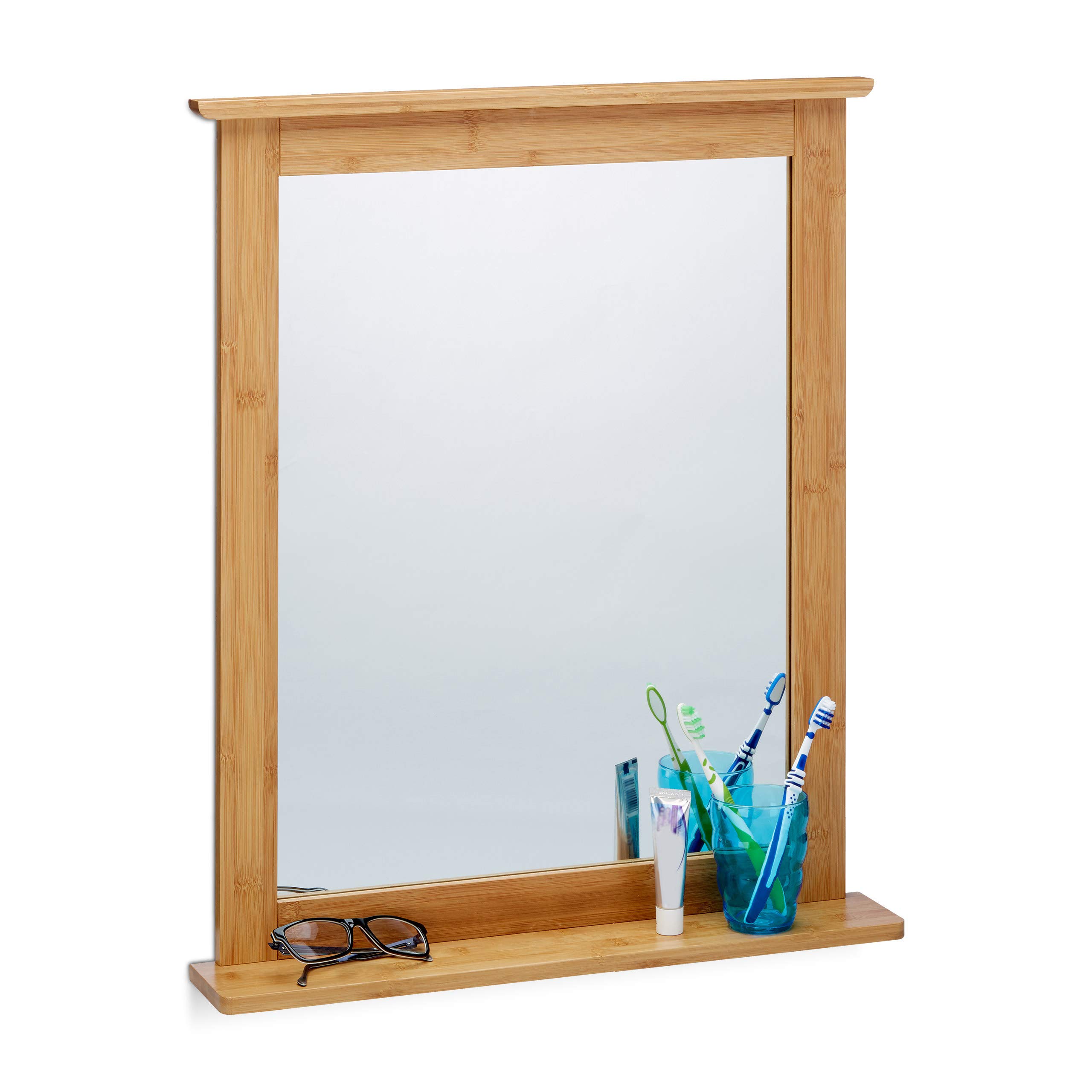 Bamboo Wall-Mounted Mirror with Shelf - Natural Brown Bathroom Vanity Mirror for Living Room & Bathroom Decor - Perfect for Makeup, Shaving & Home Styling