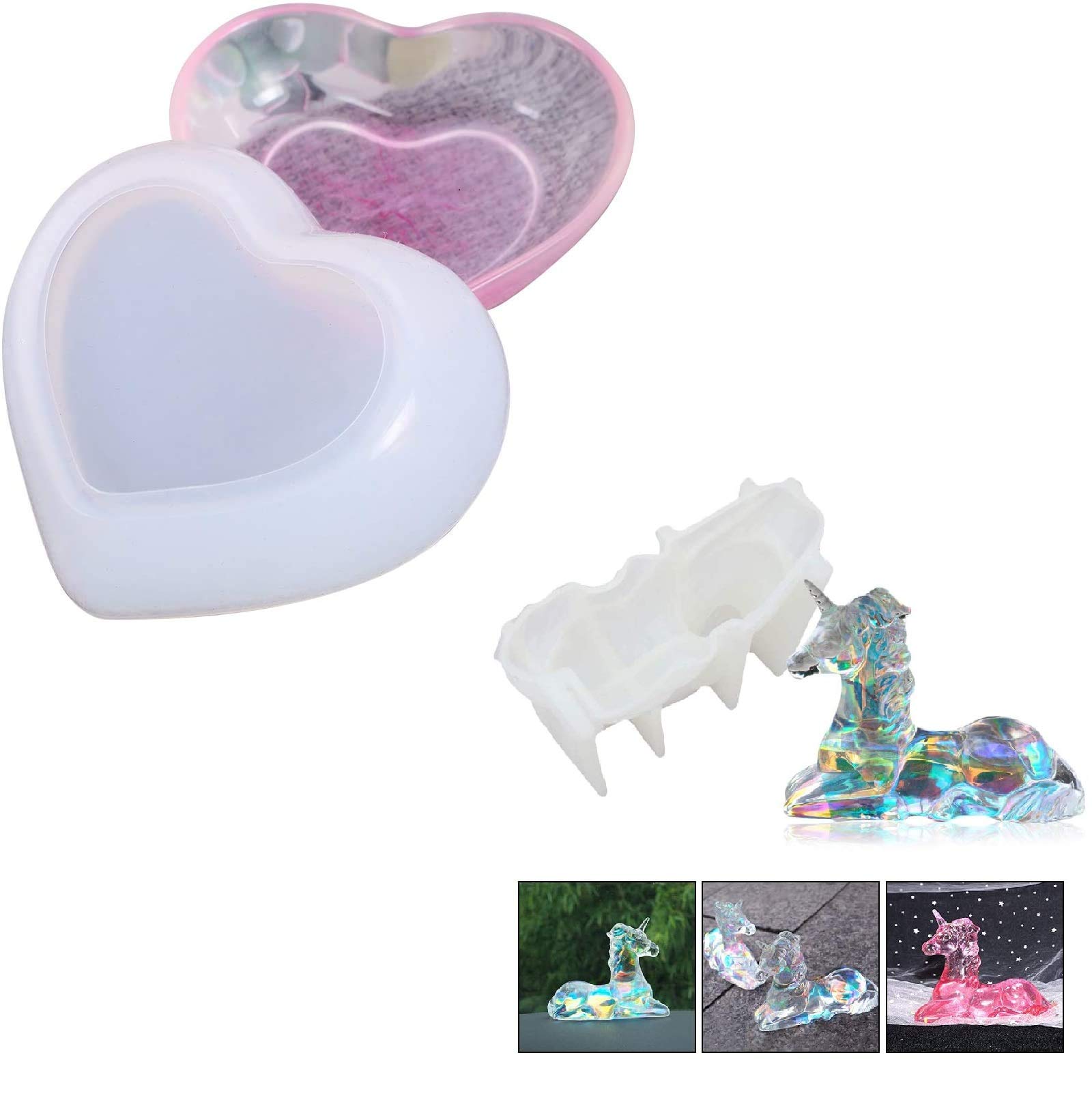 DIY Unicorn & Heart Silicone Resin Molds Set for Epoxy Casting - Beginner Friendly Crystal Craft Molds for Home Decoration, Handmade Gifts & DIY Projects - Perfect for Jewelry Making, Keychains, and Unique Home Decor