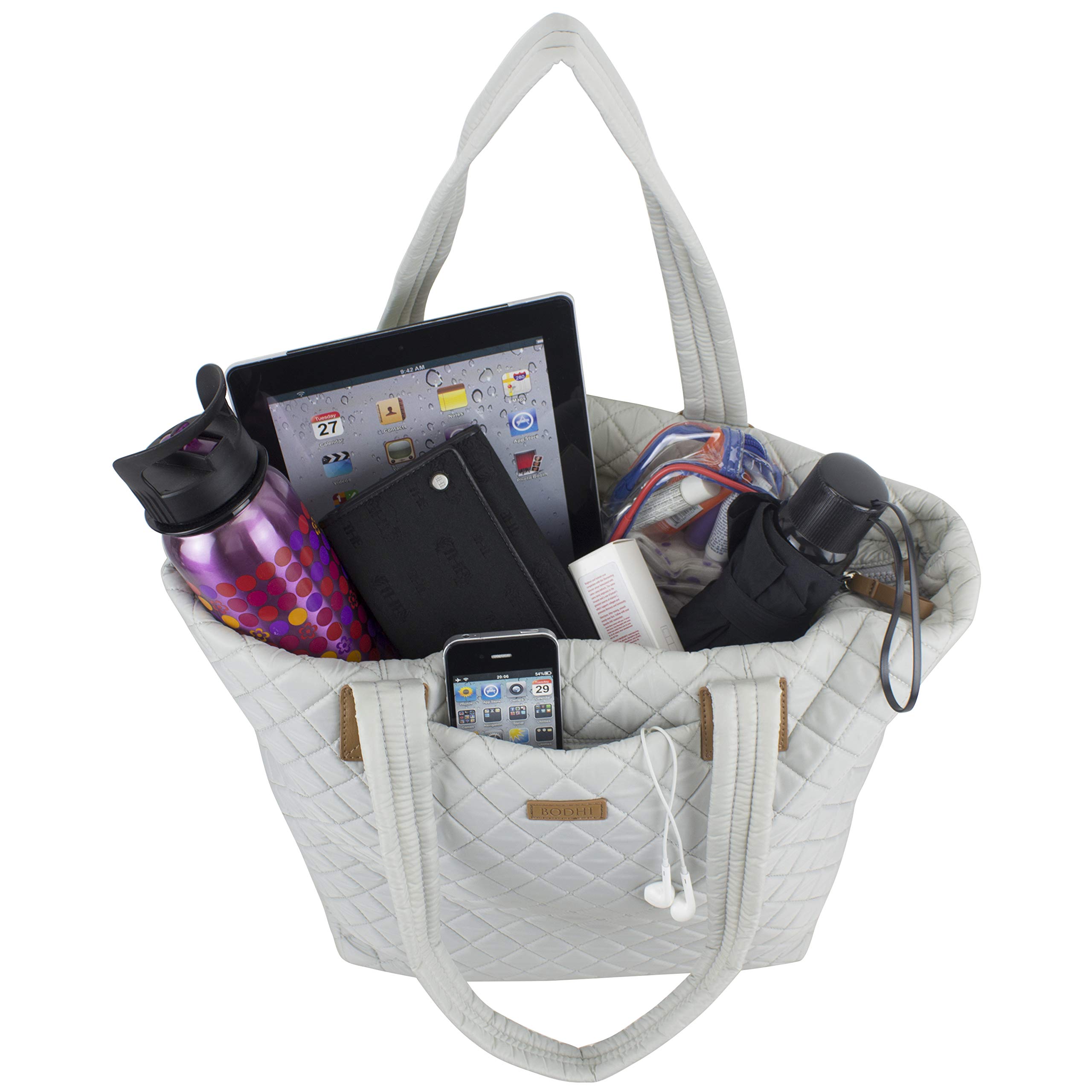 BODHI Quilted Soft Luxe Large Tote Bag for Women - Stylish Travel Shoulder Bag with Top Handle, Perfect for Gym, Work & Daily Use in Elegant Fog Gray | Ideal for Office Commute, Shopping & Weekend Getaways