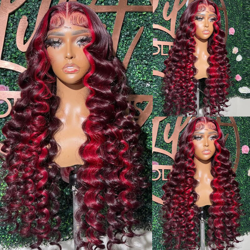 Eullair Burgundy Wine Red Human Hair Lace Front Wig with Crimped Wavy Highlights & Skunk Stripe - Heat Resistant for Styling with Curling Iron, Perfect for Cosplay, Parties & Daily Fashion