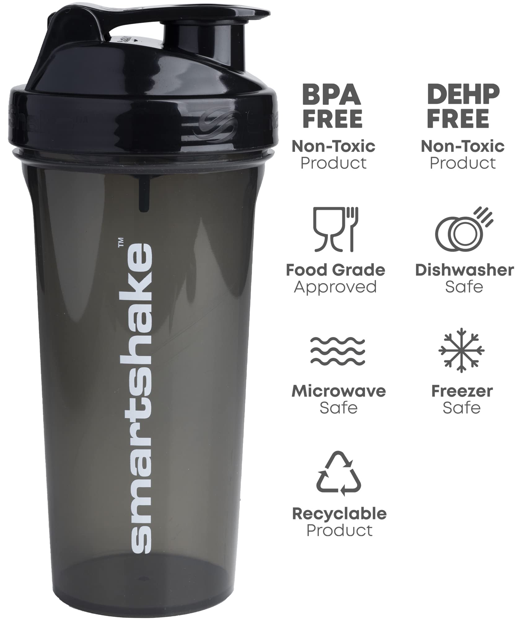 SmartShake Glossy Lite 800ml (27 oz) Leakproof Protein Shaker Bottle - BPA Free Gym Shaker for Protein Powder & Workout Drinks - Ideal for Bodybuilding, Fitness & Post-Workout Recovery - Black