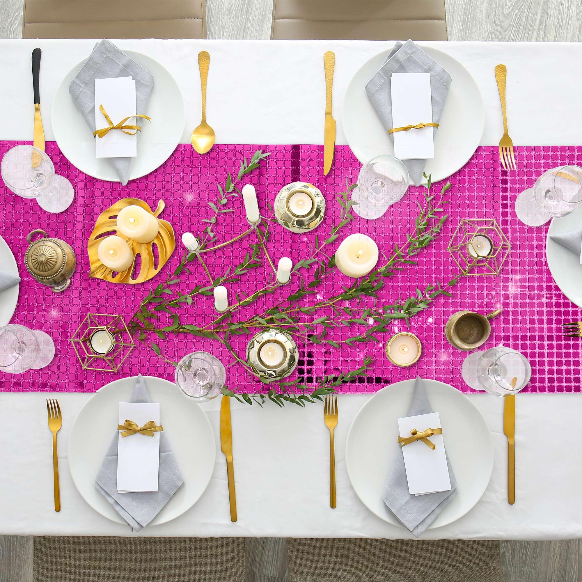 6 Pack Disco Party Table Runners - 11 x 108 Inch Mirror Hot Pink Glitter Foil with Sparkle Sequin - Perfect for Bachelorette Parties, 70s Theme Events, Disco Cowgirl Decorations & Birthday Celebrations