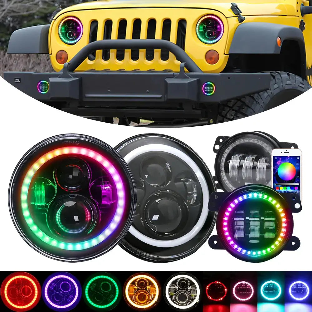 7 Inch RGB LED Headlights for Jeep Wrangler JK JL Gladiator - Waterproof Off-Road Lights with Multiple Color Modes, Perfect for Night Driving, Off-Roading & Custom Car Mods