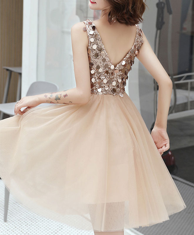 Champagne V-Neck Tulle Sequin Short Prom Dress for Women - Sparkly Homecoming Party Dress for Teen Girls - Perfect for Prom Night, Homecoming Dance & Special Occasions