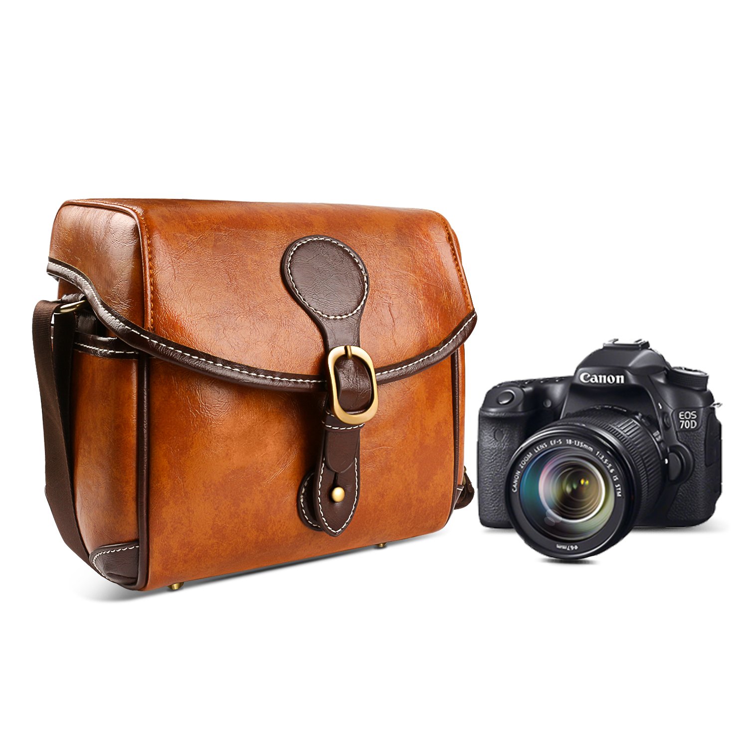 Premium Leather DSLR Camera Bag - Waterproof & Shockproof Case for Canon, Nikon, Sony, Pentax, Olympus, Panasonic - Removable Inserts & Adjustable Straps (Brown) - Perfect for Travel, Hiking & Professional Photography