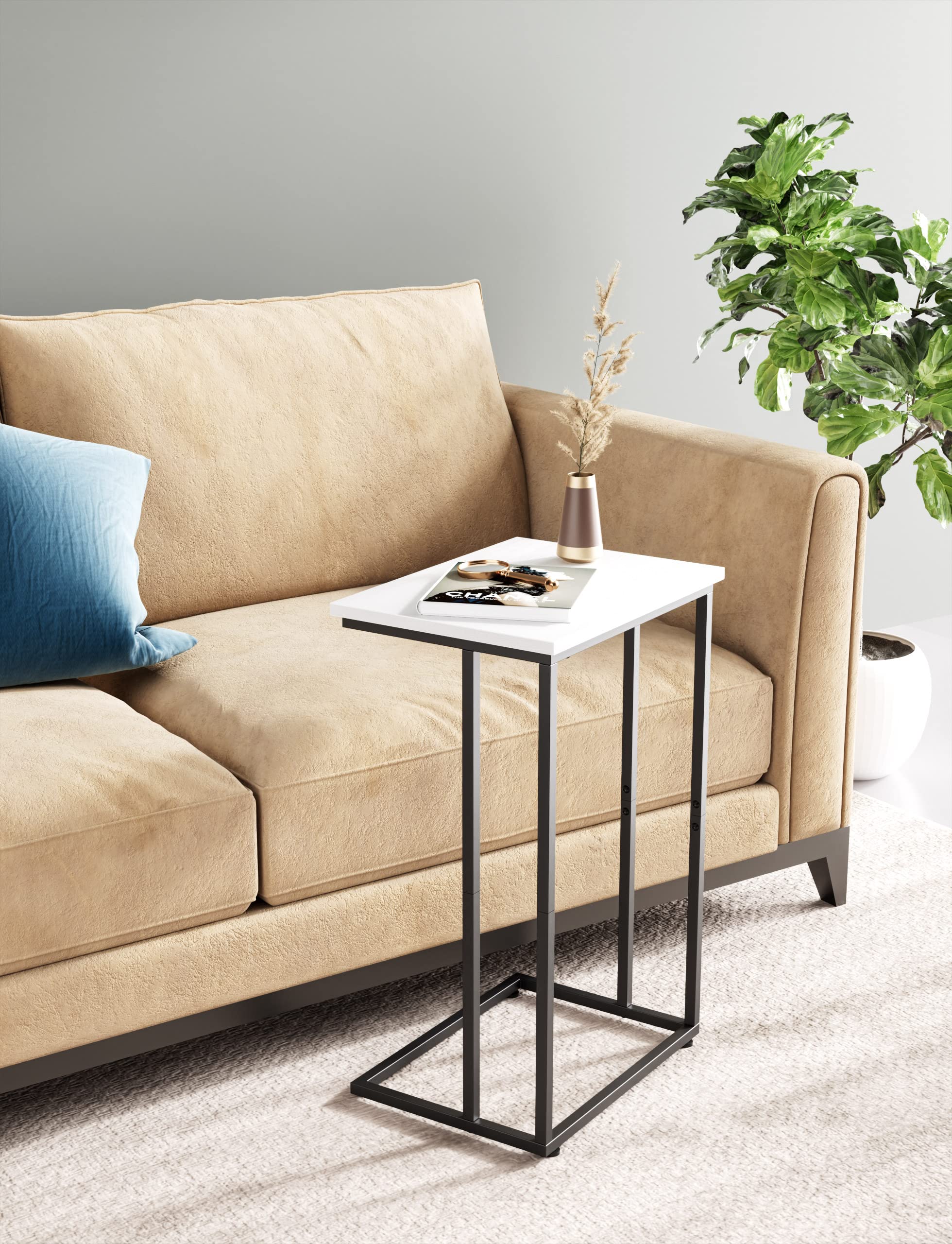Industrial Style White Wide C Side Table - Metal Frame Couch Laptop Table with Snack Tray for Sofa & Bed - Perfect for Living Room, Bedroom, Office or Dorm Use