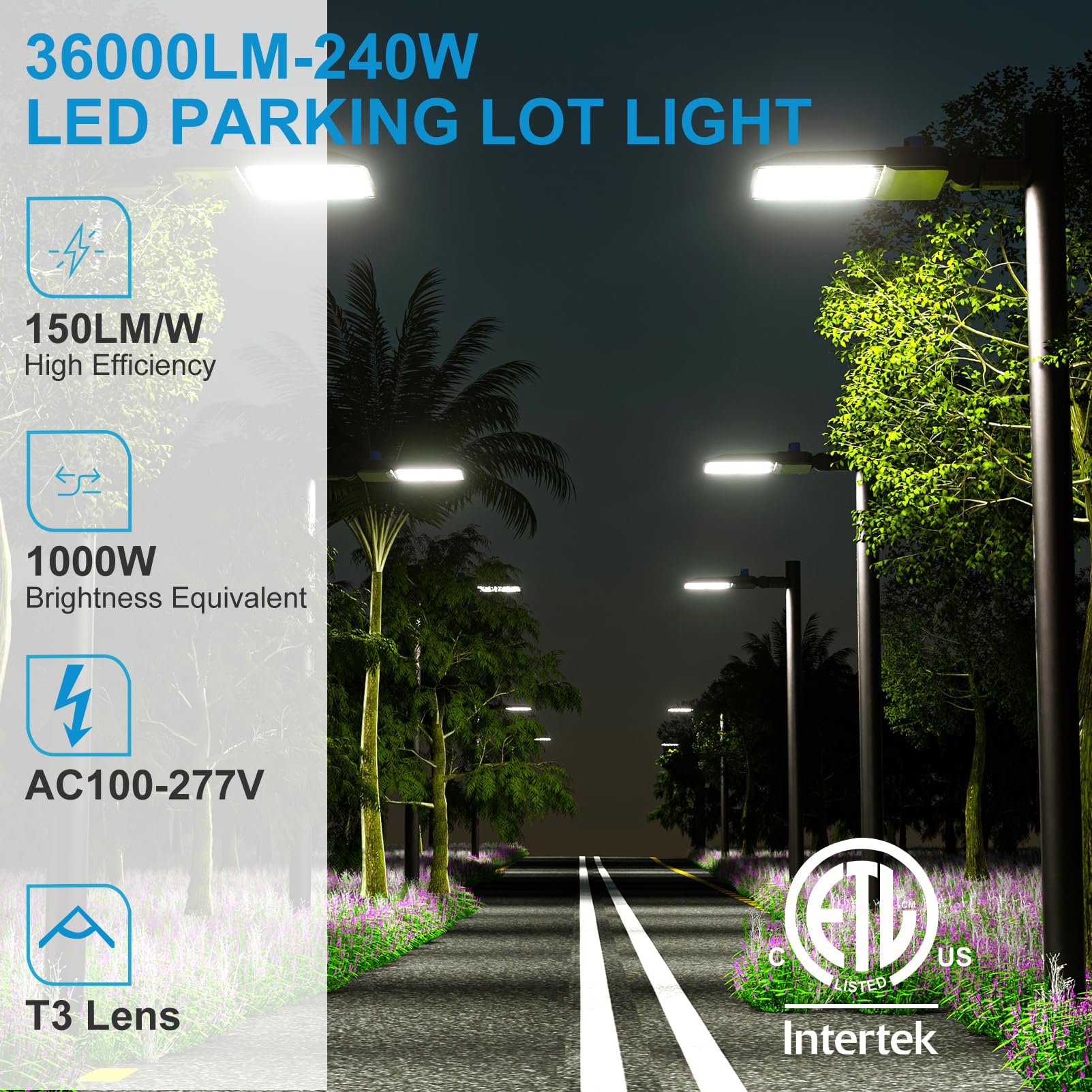 5-Pack 240W LED Parking Lot Lights - 36,000LM (150LM/W) 5000K Daylight - Outdoor Pole Mount Lighting with Smart Dusk-to-Dawn Sensor - Ideal for Commercial Parking Lots, Warehouses & High Mast Areas (30-50ft Height) - 7-Year Warranty