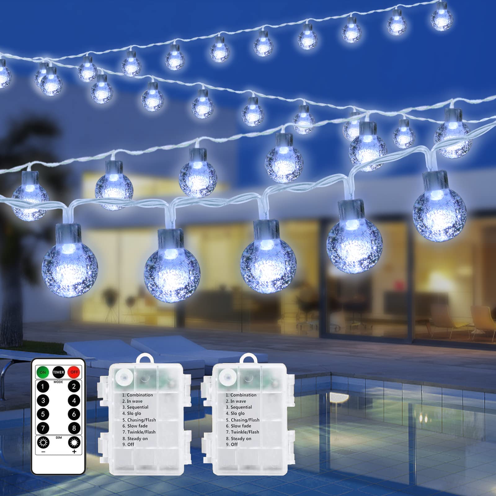 200 LED Outdoor String Lights 2 Pack - 66ft Battery Operated Waterproof Fairy Lights with Remote Control, 8 Lighting Modes (Cool White) - Perfect for Backyard, Patio, Wedding, Christmas Party & Indoor Decor