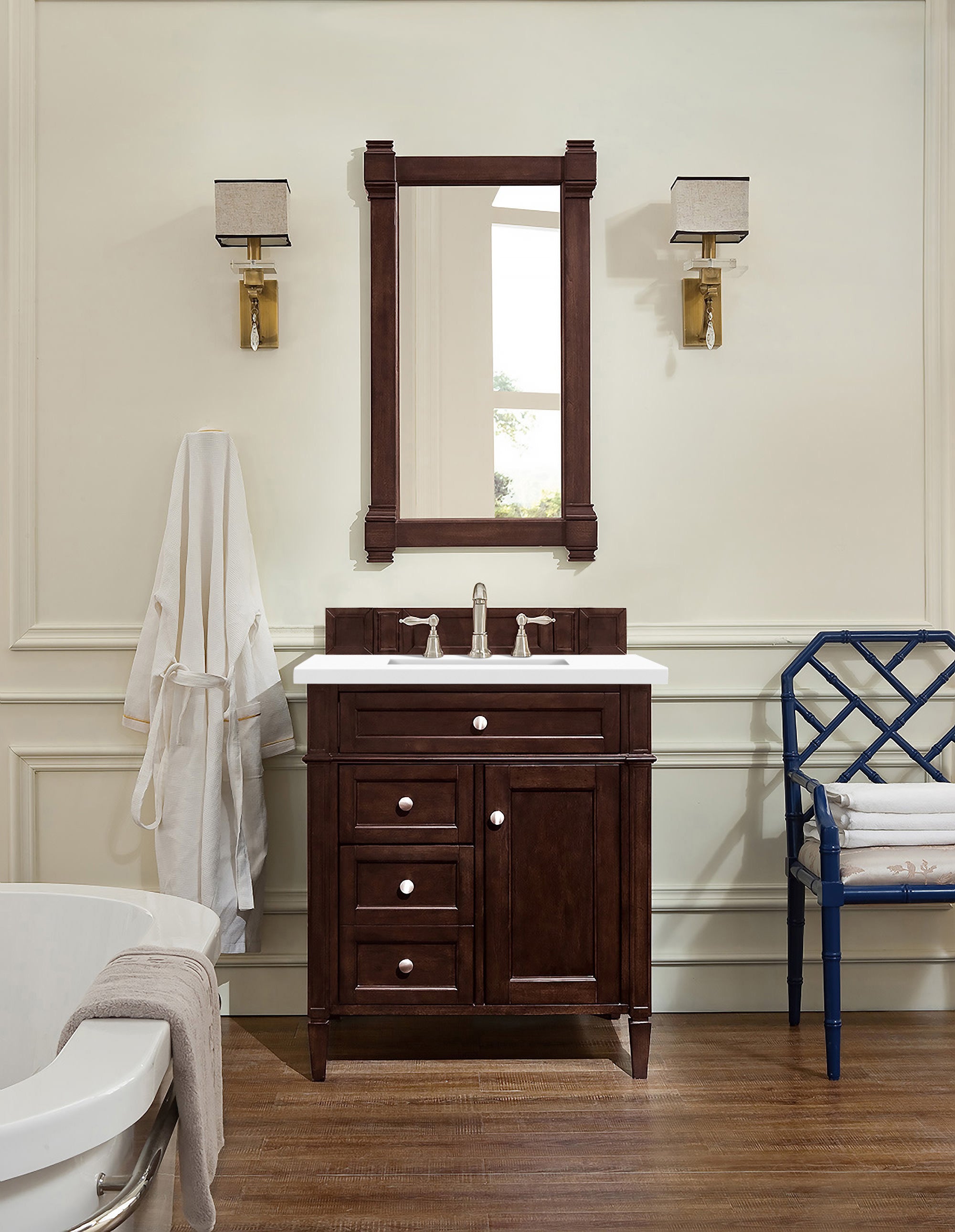 Brittany 30-Inch Single Bathroom Vanity with Burnished Mahogany Finish & 3CM White Zeus Quartz Countertop - Perfect for Modern Master Bathrooms and Powder Rooms