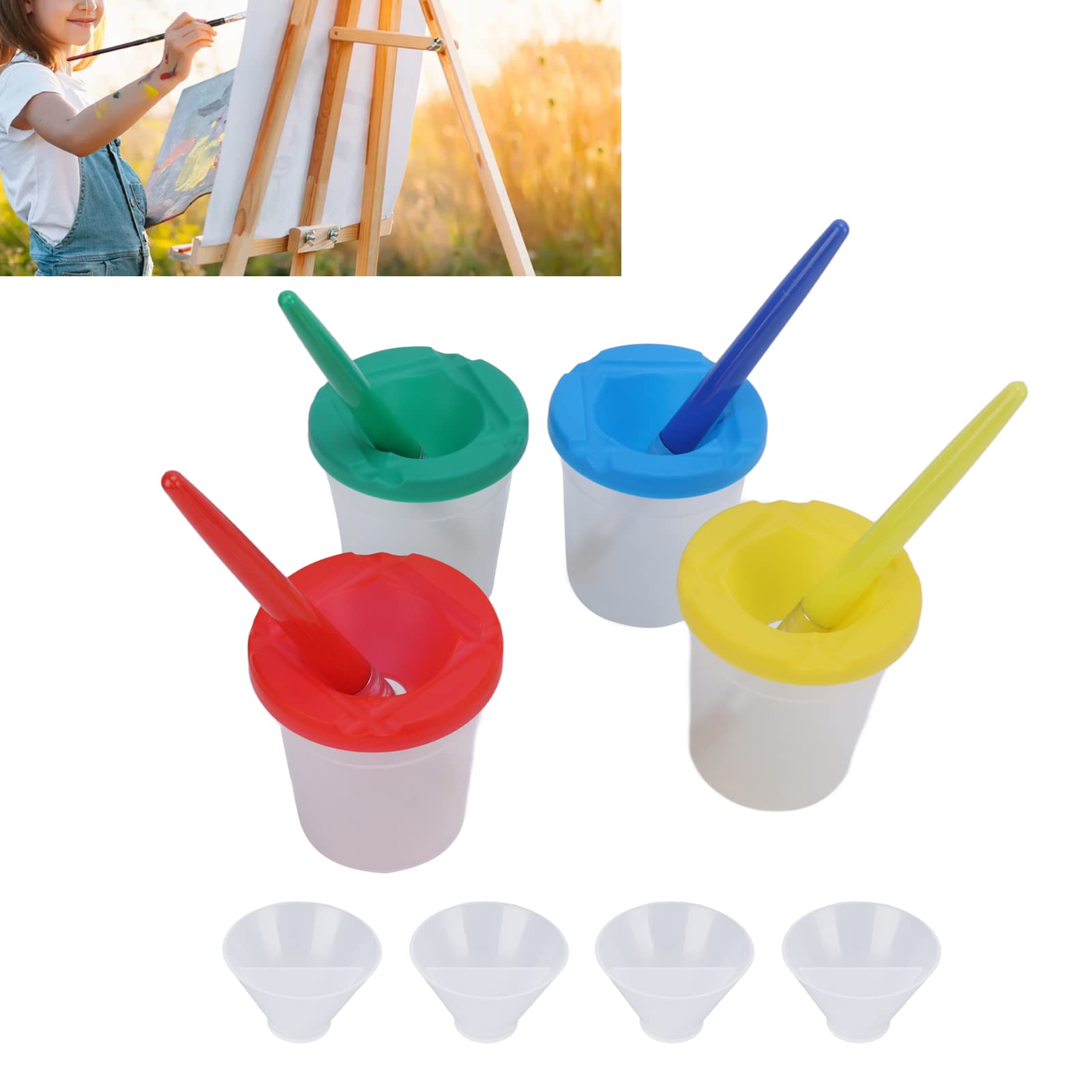 4Pcs Spill-Proof Paint Cups with Lids & 4 Brushes - Kids Art Painting Supplies for Classroom, DIY Crafts & Home Activities - Non-Spill Design for Mess-Free Creativity